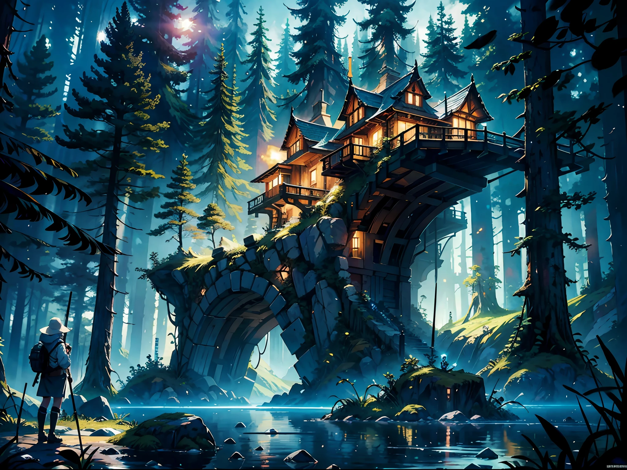 (masterpiece), best quality, ultra-detailed, art for the game world, concept art, ideal pixel density, dynamic environment, floating, colorful, medium-sized ,high resolution, detailed textures, (better lighting, better shadow), immersive perspective, mountainous cebarium, forests, trees, 1girlBREAK,Detailed,Realistic,4k highly detailed digital art,octane render, bioluminescent, BREAK 8K resolution concept art, realism,by Mappa studios,masterpiece,best quality,official art,illustration,ligne claire,(cool_color),perfect composition,absurdres, fantasy,focused,rule of thirds @Minh Hoàng