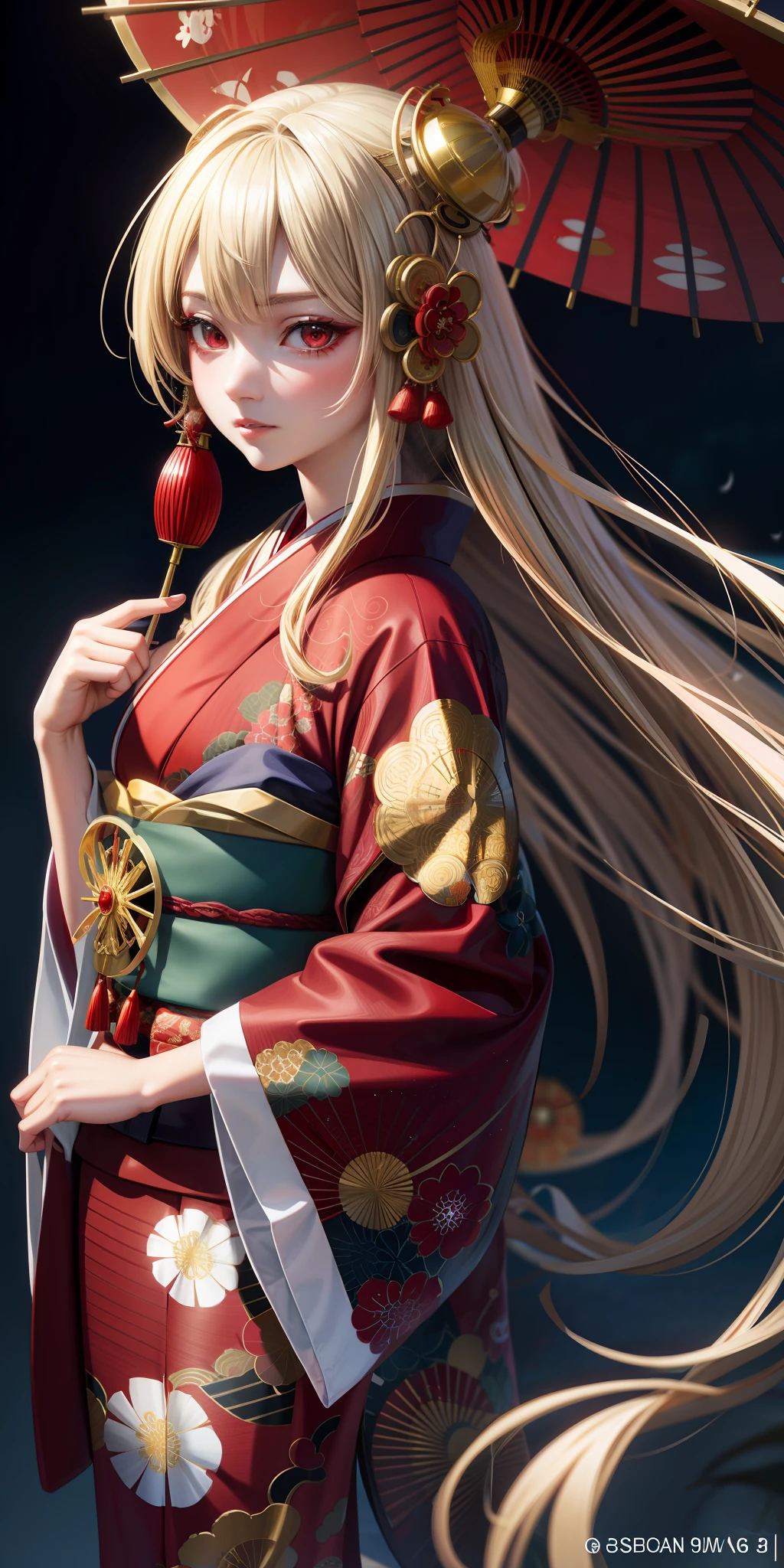 anime, girl single, blonde, red eyes, oiran kimono, high quality, realistic, realistic