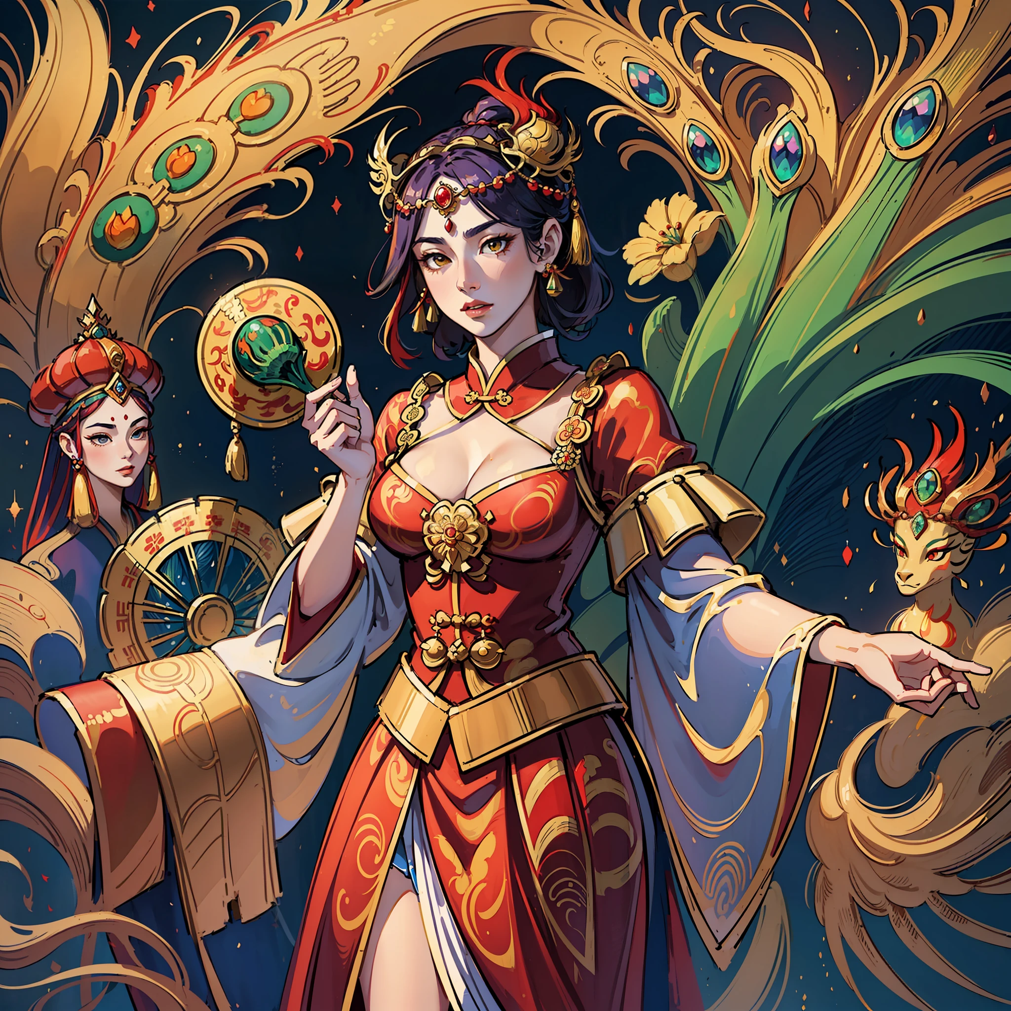 (beautiful description, high gorgeousness, Tang Dynasty style), (peacock skirt, tassels: 1.3, streamers, red: 1.2), (phoenix crown, gold silk, gorgeous and gorgeous), (standing, conspicuous angle), (light and shadow embodiment, blurring effect), (painting style imitation: Tang Dynasty style), (no character description) --auto --s2