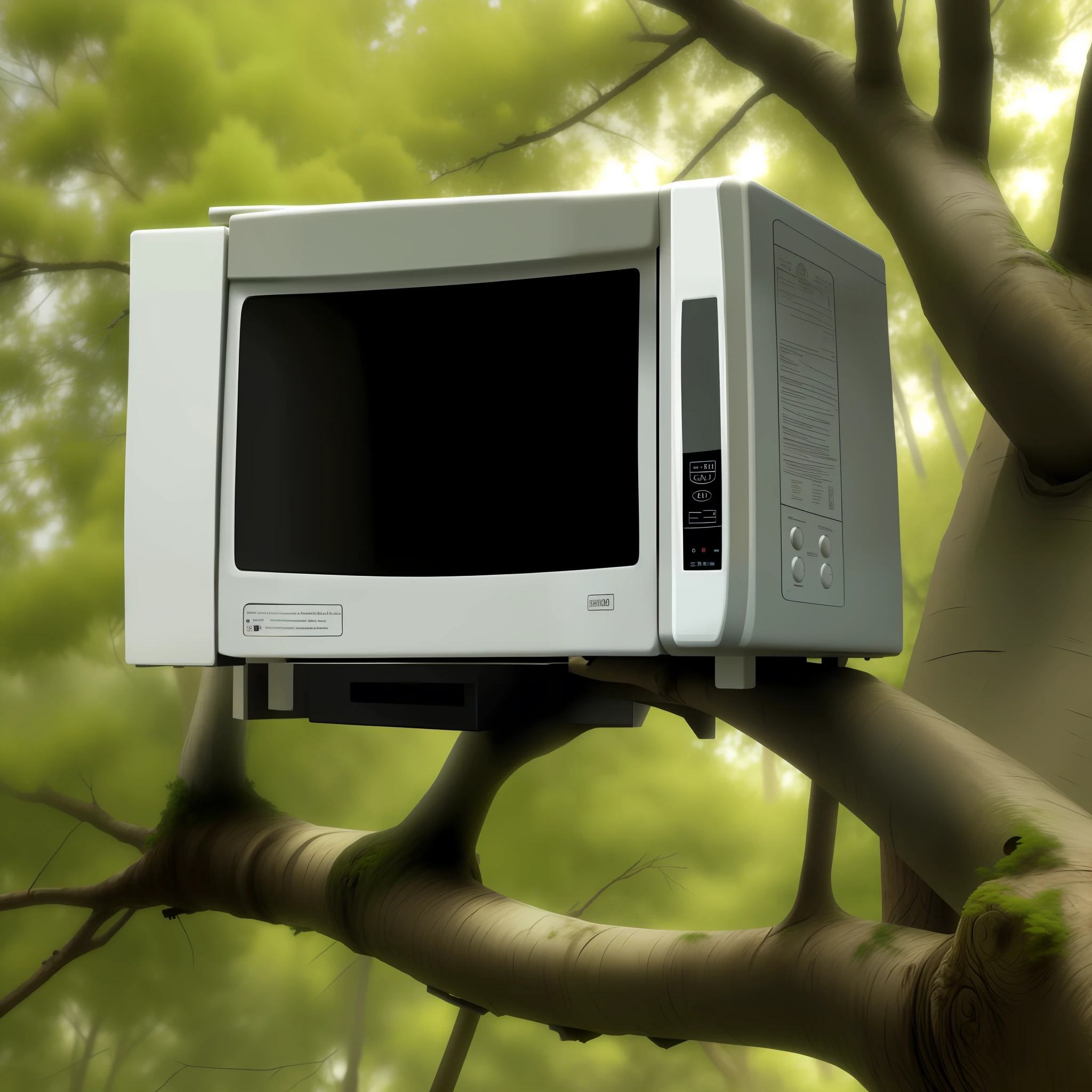 Microwave on a tree, realistic, highest image quality