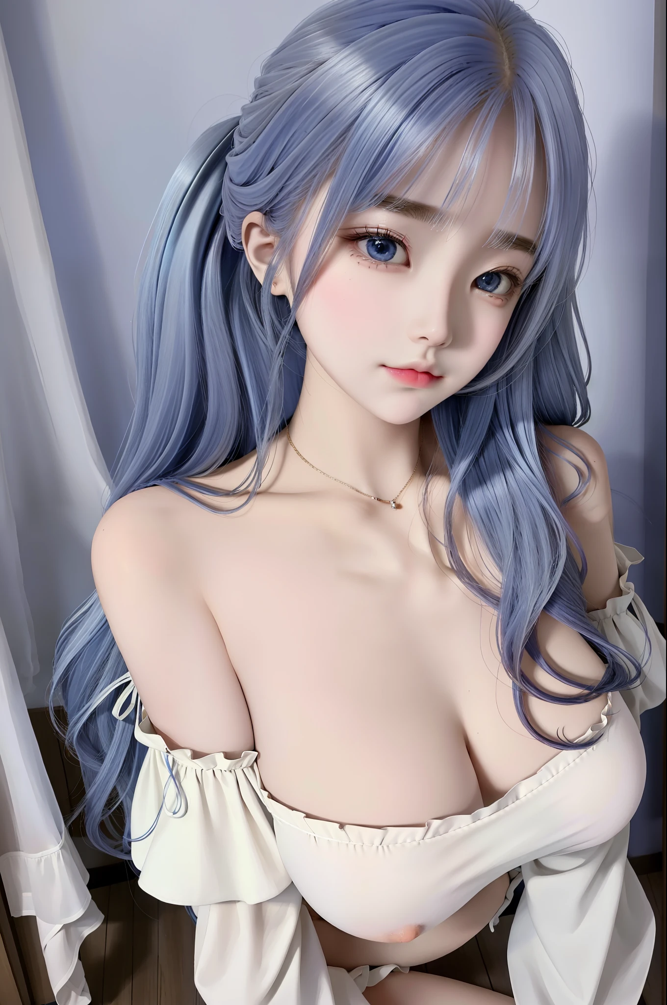 half body shot, ((masterpiece)), ((ultra-detailed)), pixiv, best shadows, best lighting, best quality, cinematic shot, 1girl, solo, bangs, portrait, long hair, curtain bangs, parted lips, juicy lips, pouty lips, blond hair, wavy hair, looking at viewer, indigo blue eyes, large breasts, white blouse, pouty lips, juicy lips, off-shoulder blouse, bare shoulders, huge tits, sexy boobs, exposed boobs, pink, pink areolas, nude boobs, aroused, innocent, blushing face, pale skin, chromatic aberration, simple background