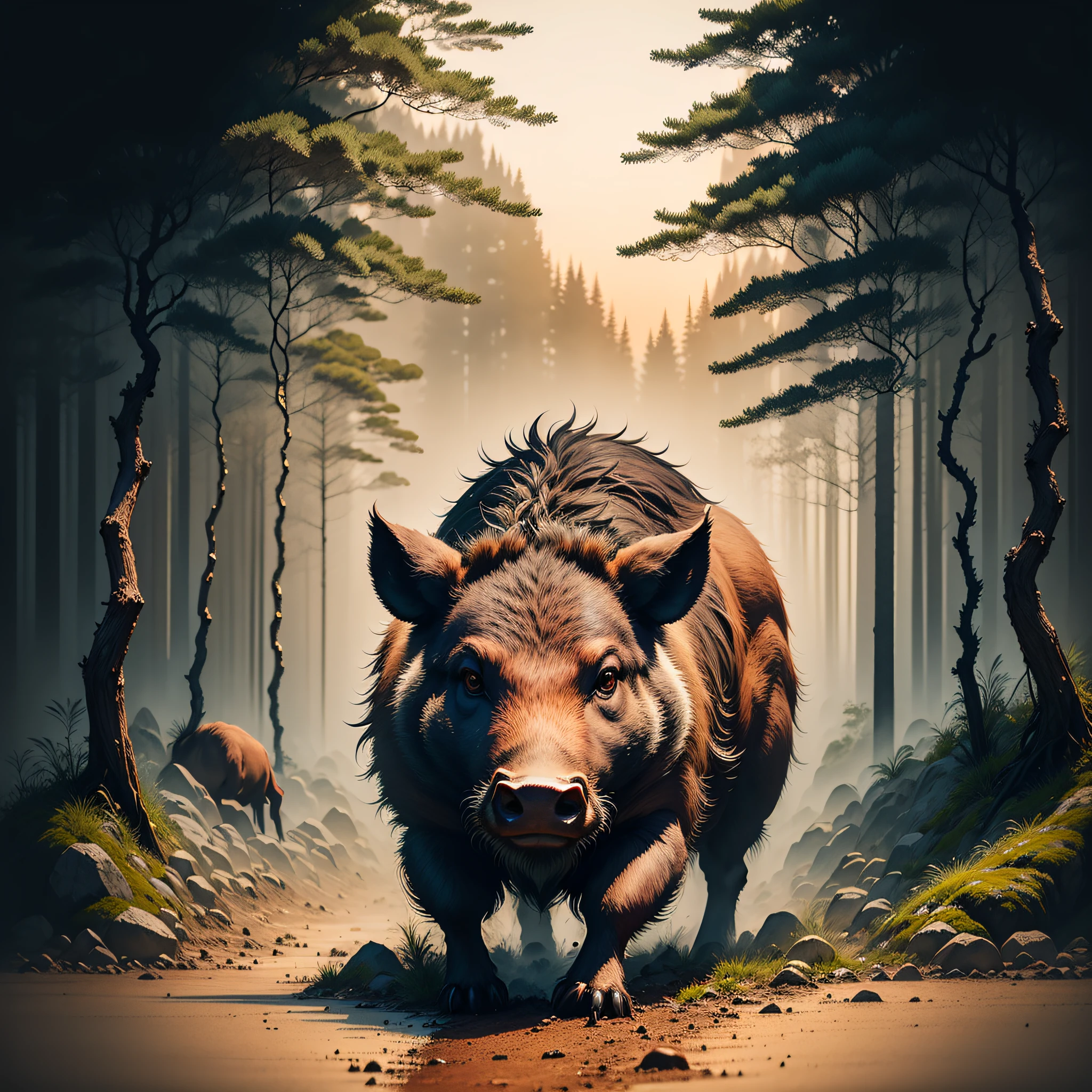 "(Highest quality), super detailed. Discover a herd of wild boar in the dense forest of Germany."