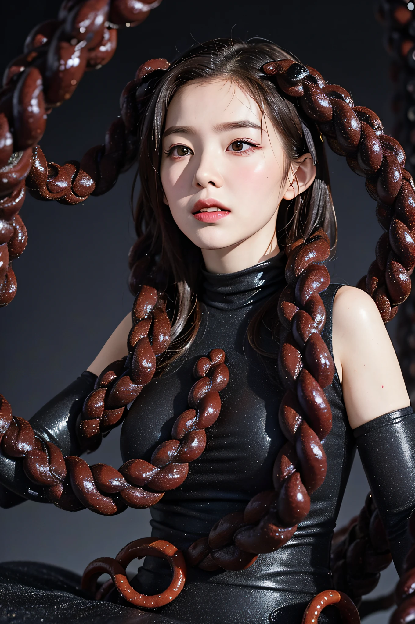 It is surrounded by viscous liquid and is lifted by black tentacles