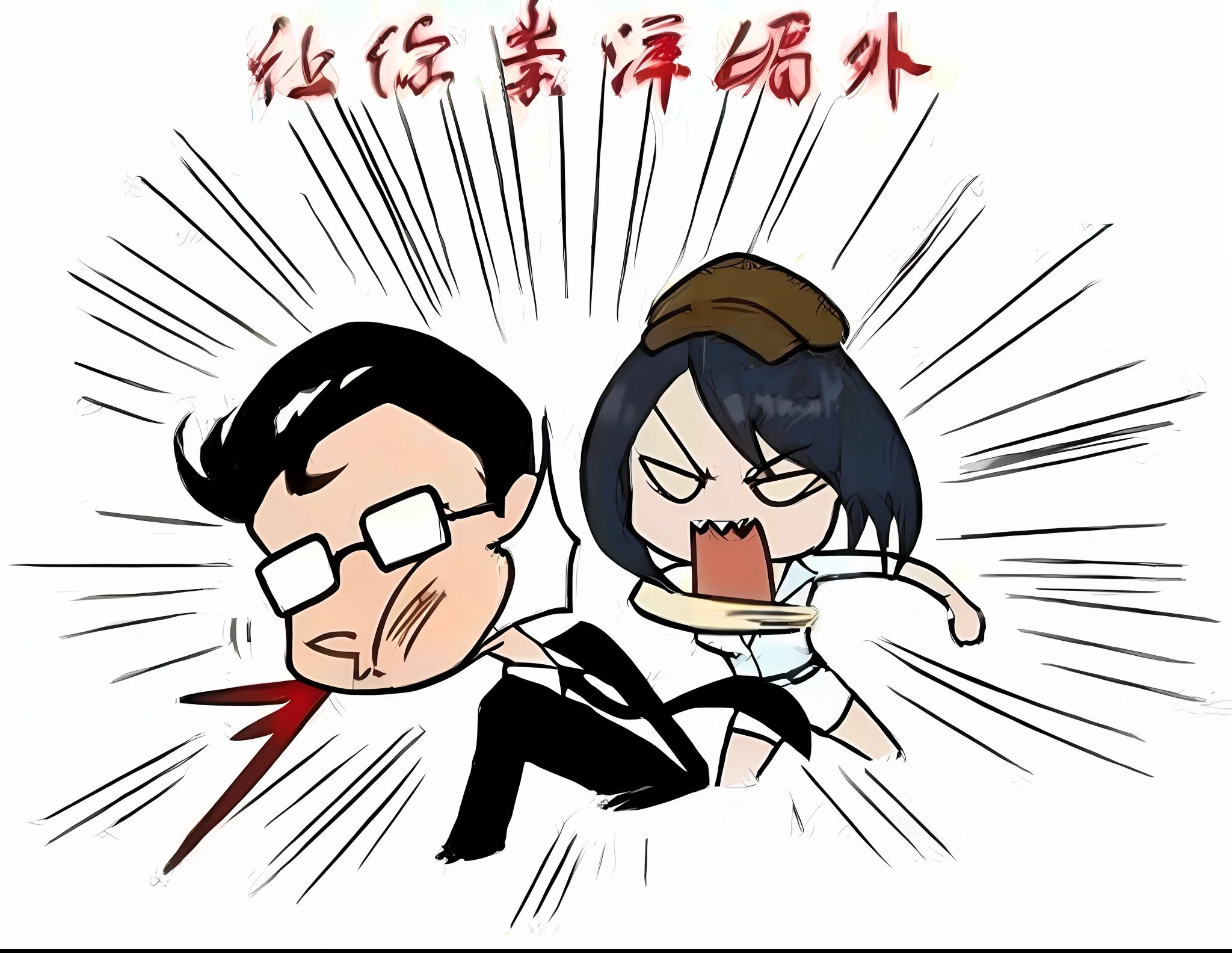A cartoon where a man and a woman are fighting over a knife, and they fight angrily, by Yi Rensheng,!! Wear glasses!, funny cartoons, like Andy Lau, Mapo Tofu cartoons, Ruan Jia and Zhong Fenghua, 🚿🗝📝 ❤🔥🍄🌪 happy !, realistic!! , the five-character close-up of "let you admire the outside" above the original picture, and the characters are in the details