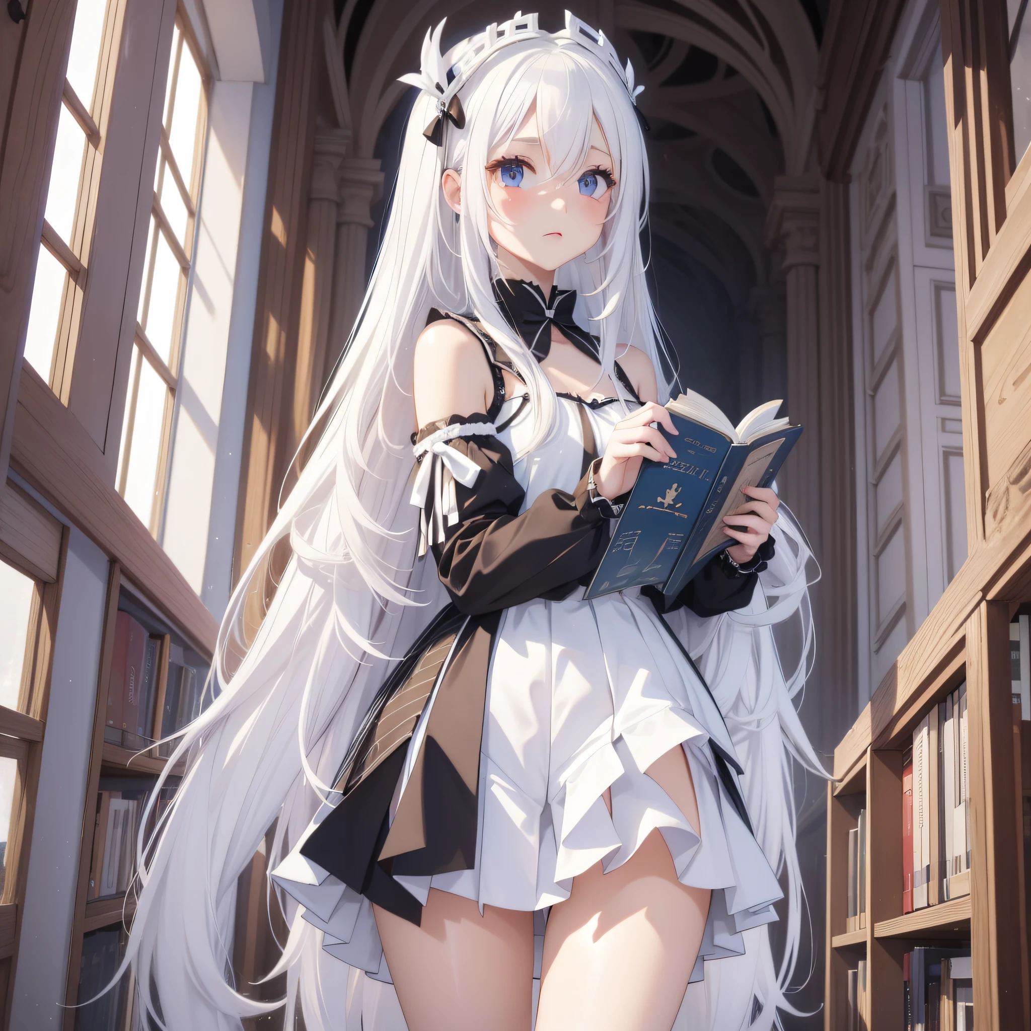 (Perfect white-haired girl + youth campus: 1.2), (anime girl + girl front style + anime visual + anime cute art style: 1.3), (long white hair + white hair + from girl front: 1.2), (one book + one book: 0.9), beautiful portrait, harmony fusion, rich picture detail, clarity, strong texture. White silk, long legs