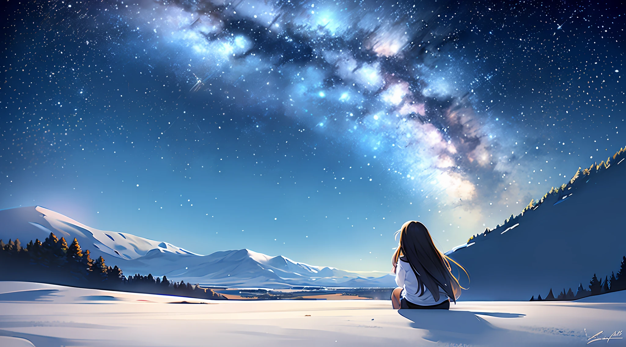 Masterpiece, RAW photo, shorts, sitting on a snowy hill, looking out into space, space cloud landscape, woman sitting in space sky and starry sky. By Makoto Shinkai, Background Infinite Universe, Infinite Star Tranquility, Starry Sky 8 K, Makoto Shinkai Makoto Cyril Roland, Looking at the Stars, Girl Sees the Universe, Stars (Sky) starry_sky