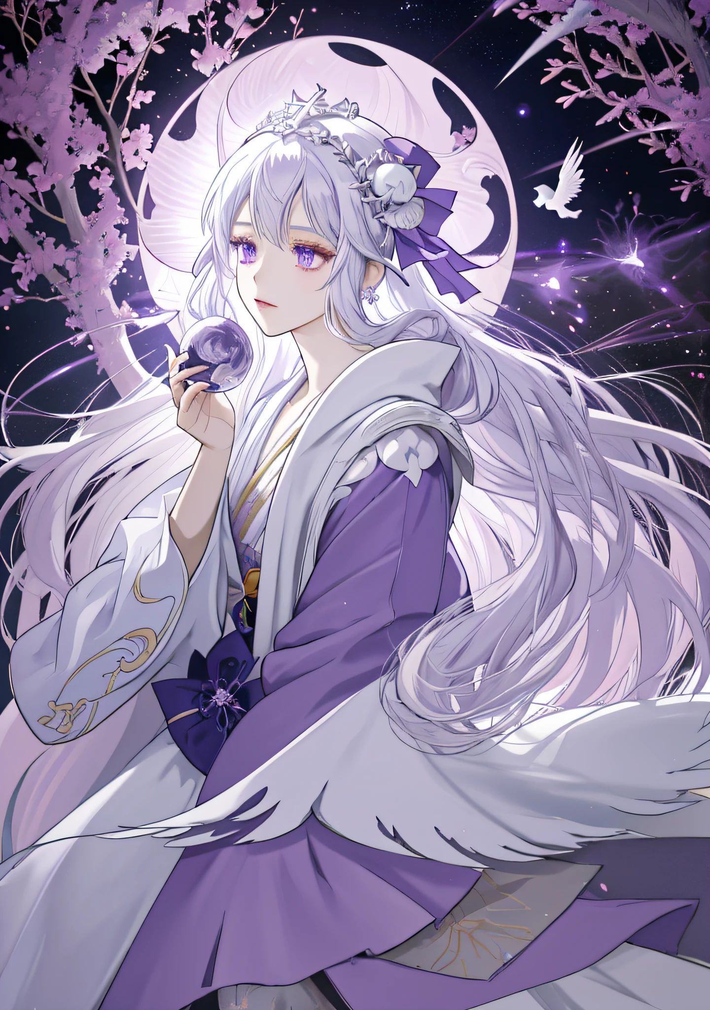 Anime girl in purple dress with bird in hand, white-haired deity, beautiful celestial mage, astral witch costume, full portrait of elemental, Onmyoji detailed art, flowing magic robe, flowing white robe, full body white purple cape, ((beautiful fantasy queen)), full body fairy, masterpiece goddess of sorrow