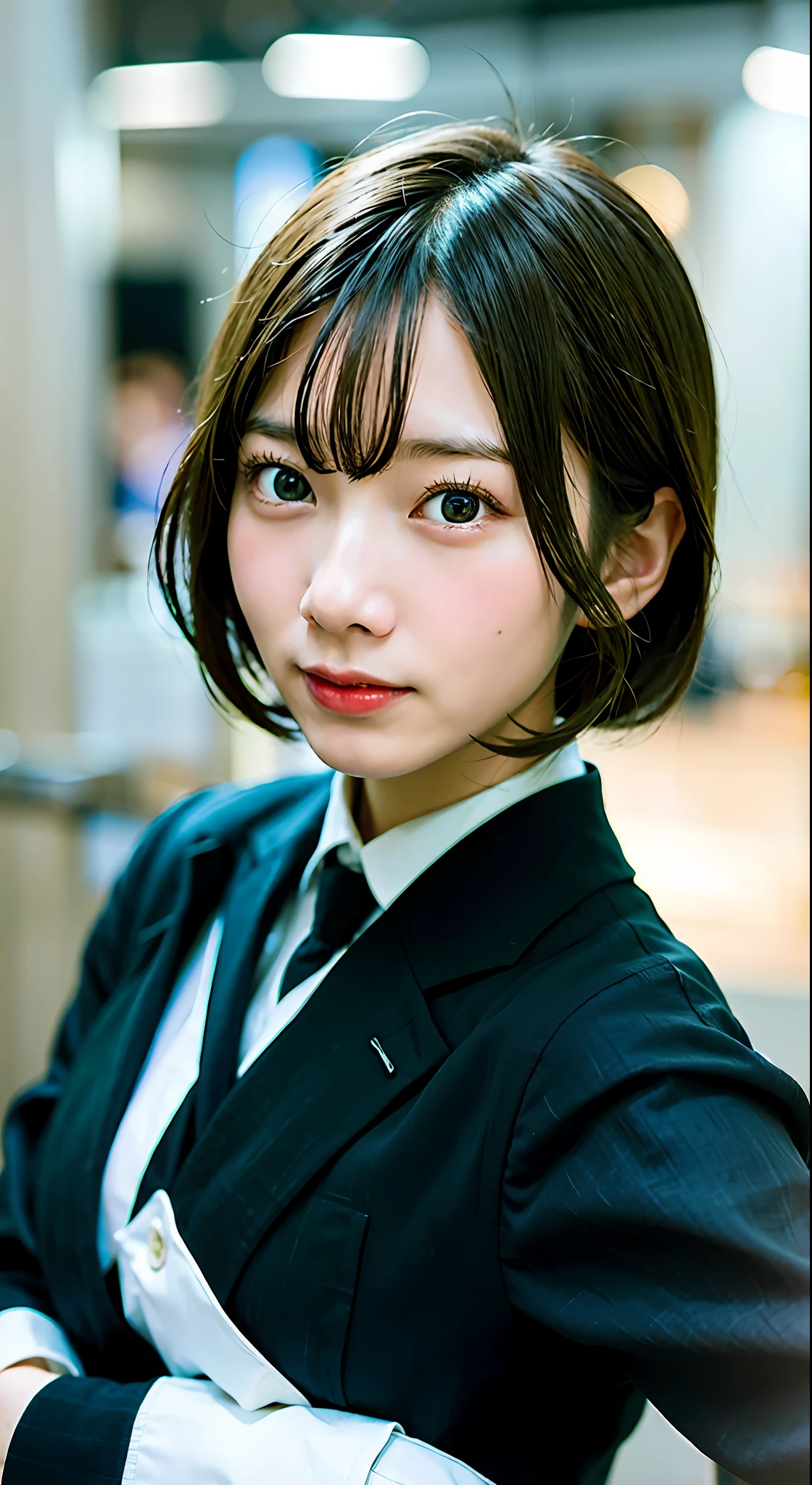 Sasato Sumita, Super Beautiful, Has a Clear Face, Live Action Human,Cute, Gravure, Photo Collection, Annuit, Slender, Breasts a little big, Short hair, Flaxen hair color, A little droopy eyes, Black eyes, Dimples, Suit, Stewardess uniform, Airport, Full body, aANA uniform,