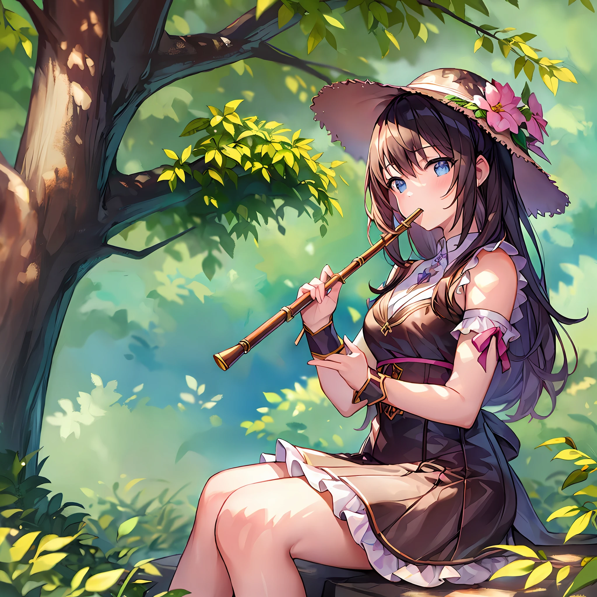 1 girl sitting in the shade of a tree playing a flute, (8k, masterpiece, best quality, pastel art)