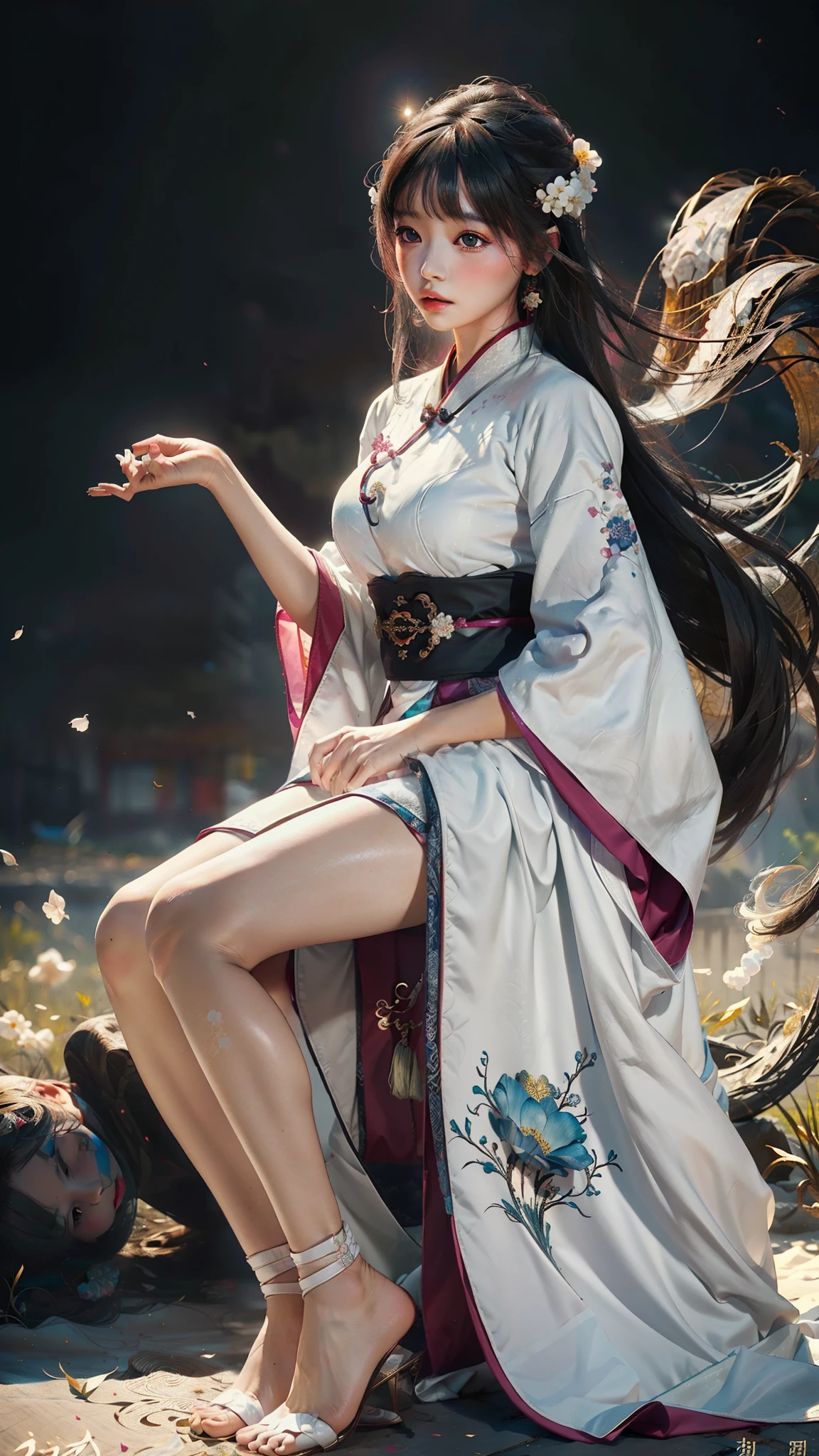 zhongfenghua, 1girl, (full body) solo, hanfu, flower field, blossom, (white smokes:1.3) (photorealistic:1.4), zentangle, mandala, entangle, official art, unity 8k wallpaper, ultra detailed, beautiful and aesthetic, masterpiece,best quality, (dynamic angle:1.4), glowing skin, (floating colorful sparkles:1) the most beautiful form of chaos, elegant, a brutalist designed, vivid colours, romanticism depth of field,