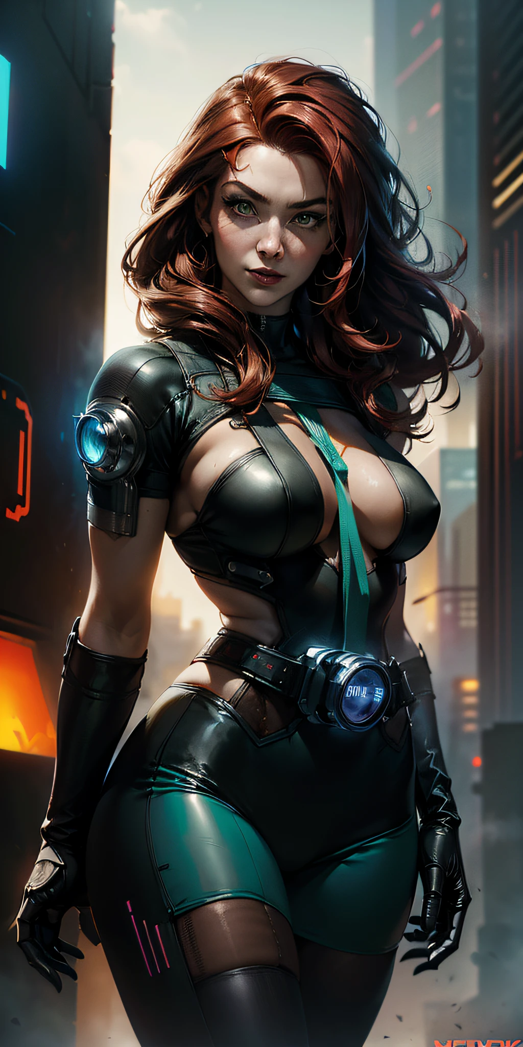 (((A young woman with straight red hair long size up to the waist))) style Gil Elvgren, Artgerm, Jeehyung Lee ((Poster style)) (((robotic left arm with cyberpunk outfit))) (smiling at the viewer) (((cyberpunk left arm)) 1 girl, solo, long hair, fitness body, poster design, poster art style. 1980s, 1950s, 1960s, 1940s, basic color scheme, very colorful poster, soft light, colorful art, third rule, cyberpunk clothing, dynamic pose, woman, 1 girl of 20 years, hair blowing in the wind, looking at the viewer, blurred background, green eyes.