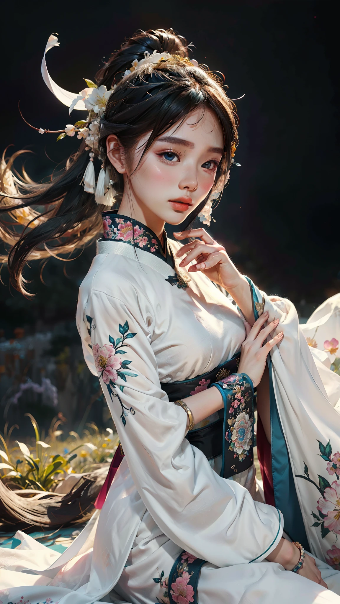 zhongfenghua, 1girl, (full body) solo, hanfu, flower field, blossom, (white smokes:1.3) (photorealistic:1.4), zentangle, mandala, entangle, official art, unity 8k wallpaper, ultra detailed, beautiful and aesthetic, masterpiece,best quality, (dynamic angle:1.4), glowing skin, (floating colorful sparkles:1) the most beautiful form of chaos, elegant, a brutalist designed, vivid colours, romanticism depth of field,