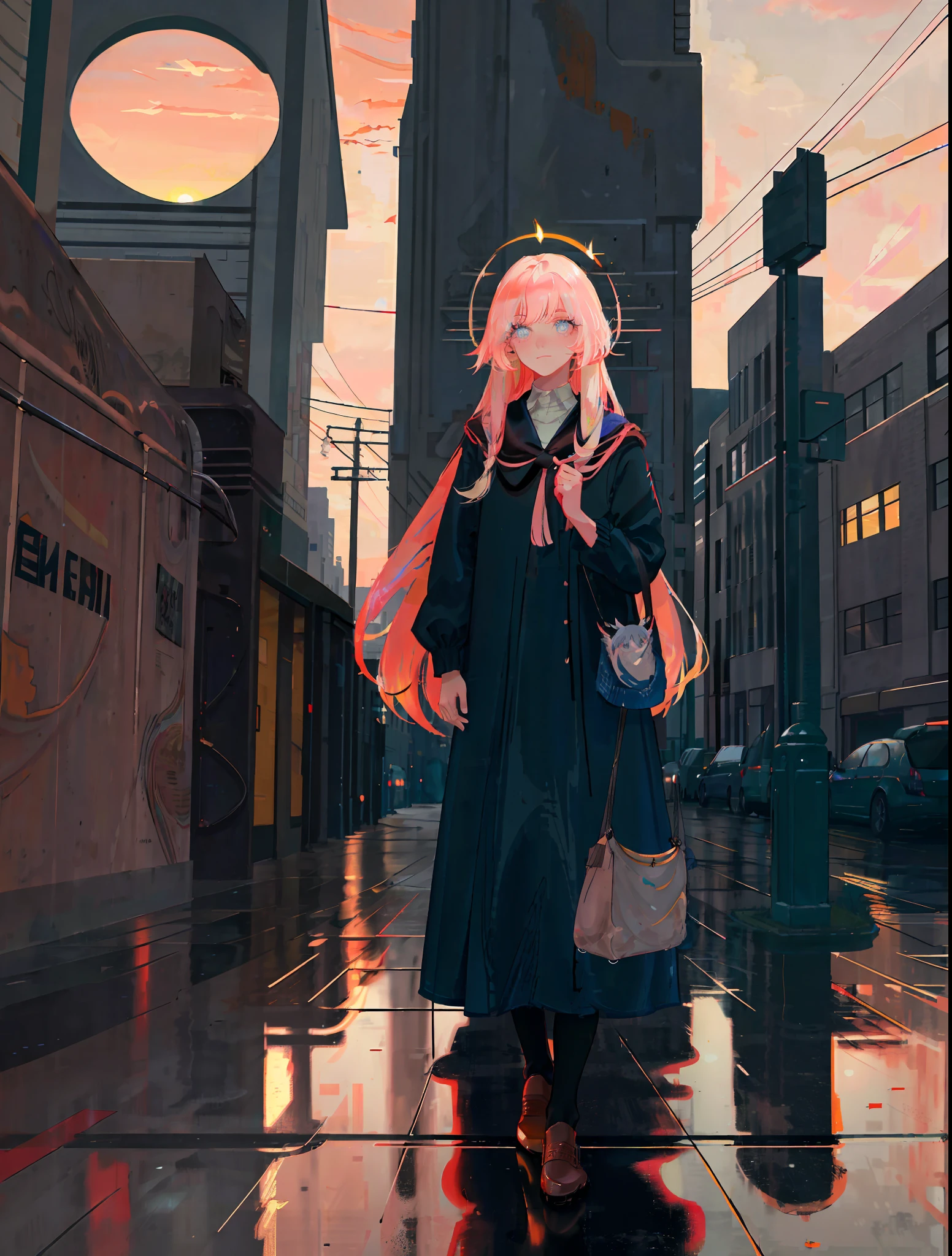 masterpiece, best quality, masterpiece, divine quality, divine art, highly detailed face, highly realistic, closeup, just face, beautiful, young, big eyes, long hair, long eyelashes, random hair color, bright eyes, make up, random skin color, rain, wet floor, reflective floor, big city street, blush, dawn, rising sun, random skycolor, random sun color, random light color,  dawn lighting, dawn lighting,