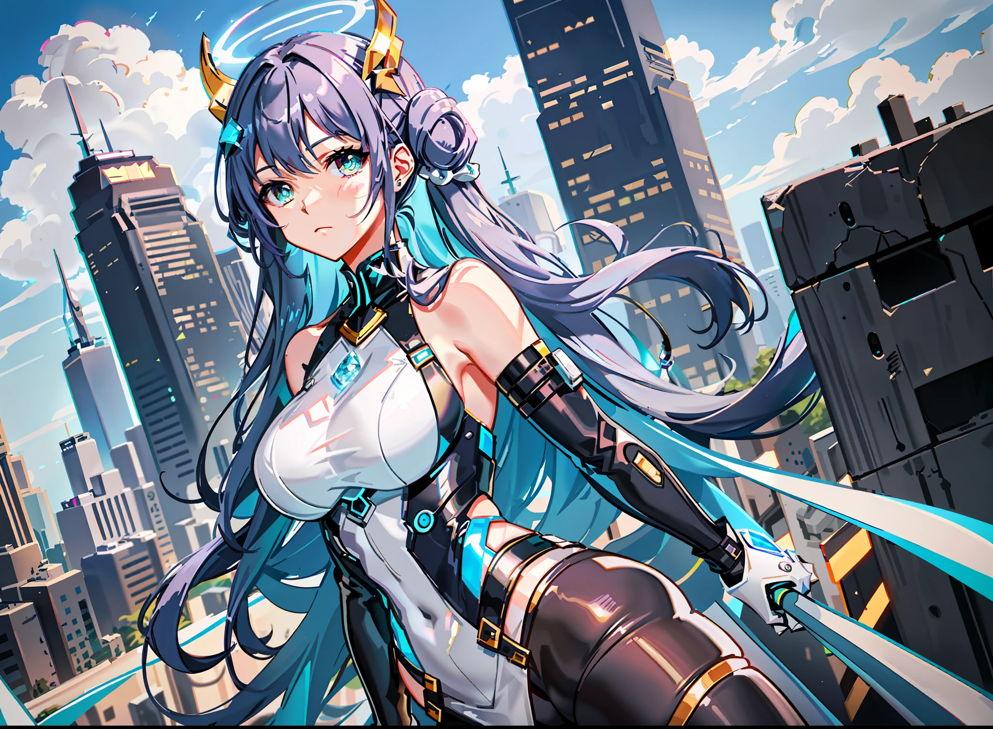 single girl,19 years old,well_developed curves,curvaceous_body,hourglass_figure,perspective,beautiful_face,diamond_shaped_face,smooth_face,high_quality_outfits,futuristic_outfits,silght_blush,full_body,Honkai_Star_Rail_Artstyle,sexy;
Purple hair,indigo hair tips,helix-shaped twintails,two fin-shaped white hairclips;golden eyes,golden iris,cross-shaped white pupils,golden holographic eyeglsses;
Futuristic battlesuit,fitting body curves,shoulder guards,white armored armguards with aqua decorations,black gloves white tanktop around breasts,black corset,aqua zipper,white shorts with aqua edge,white pantyhose,aqua gartener belt on left thigh,aqua waistband with gadget holsters
Cloudy sky in background,rainy weather,flying in air,calm expression,vigilat gaze