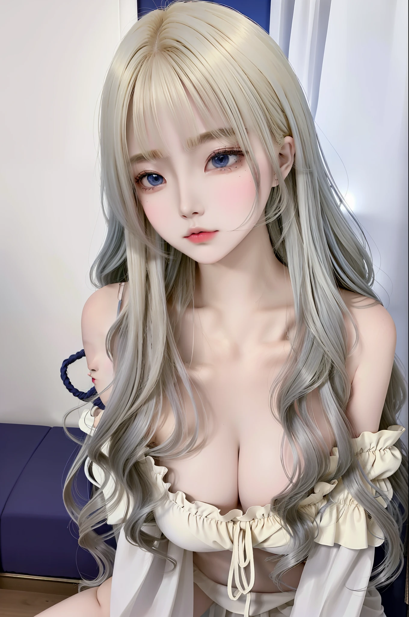 full body shot, ((masterpiece)), ((ultra-detailed)), pixiv, best shadows, best lighting, best quality, cinematic shot, 1girl, solo, bangs, portrait, long hair, curtain bangs, parted lips, juicy lips, pouty lips, blond hair, wavy hair, looking at viewer, indigo blue eyes, large breasts, white blouse, pouty lips, juicy lips, off-shoulder blouse, bare shoulders, huge tits, sexy boobs, exposed boobs, pink, pink areolas, nude boobs, aroused, innocent, blushing face, pale skin, chromatic aberration, simple background