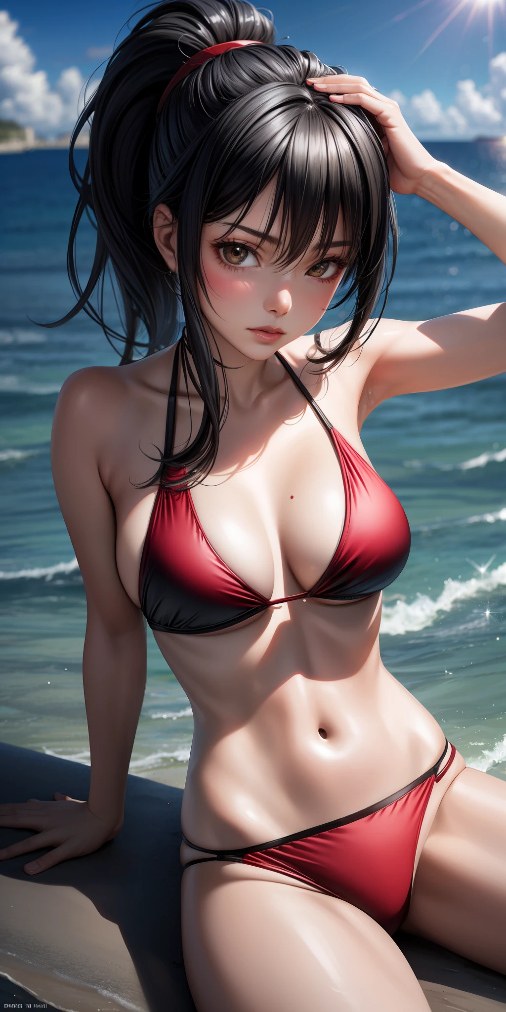 realistic, girl single, black hair, ponytail, sexy, sexy, red bikini, sitting, sun, sunlight, seaside, beach, real,