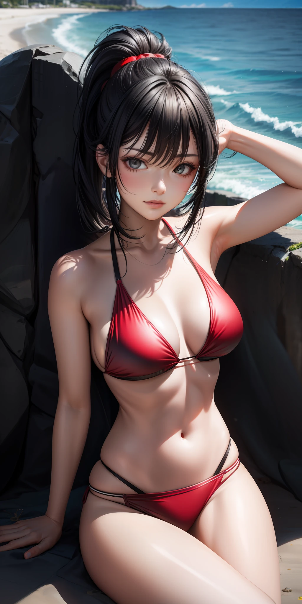 realistic, girl single, black hair, ponytail, sexy, sexy, red bikini, sitting, sun, sunlight, seaside, beach, real,