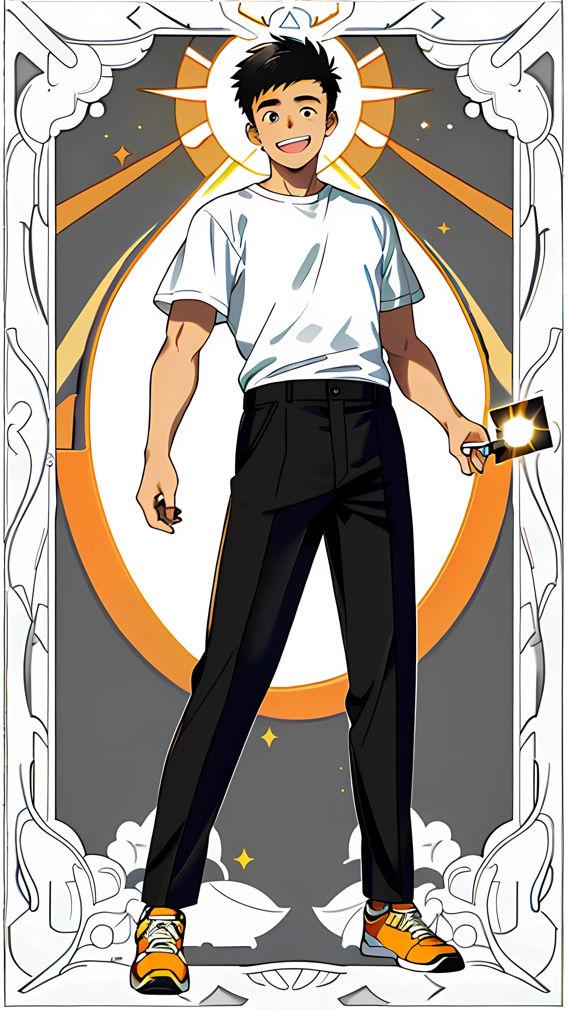 masterpiece, best quality, full body, card, 1 guy, the sun, happy, laugh, short hair, black hair,  brush cut, white shirt, standing, white, light,  yellow, orange, black,  buzz cut, bara, street style, white t-shirt, sport, center, young guy, looking at viewer, holding nothing, sunshine, teenager boy