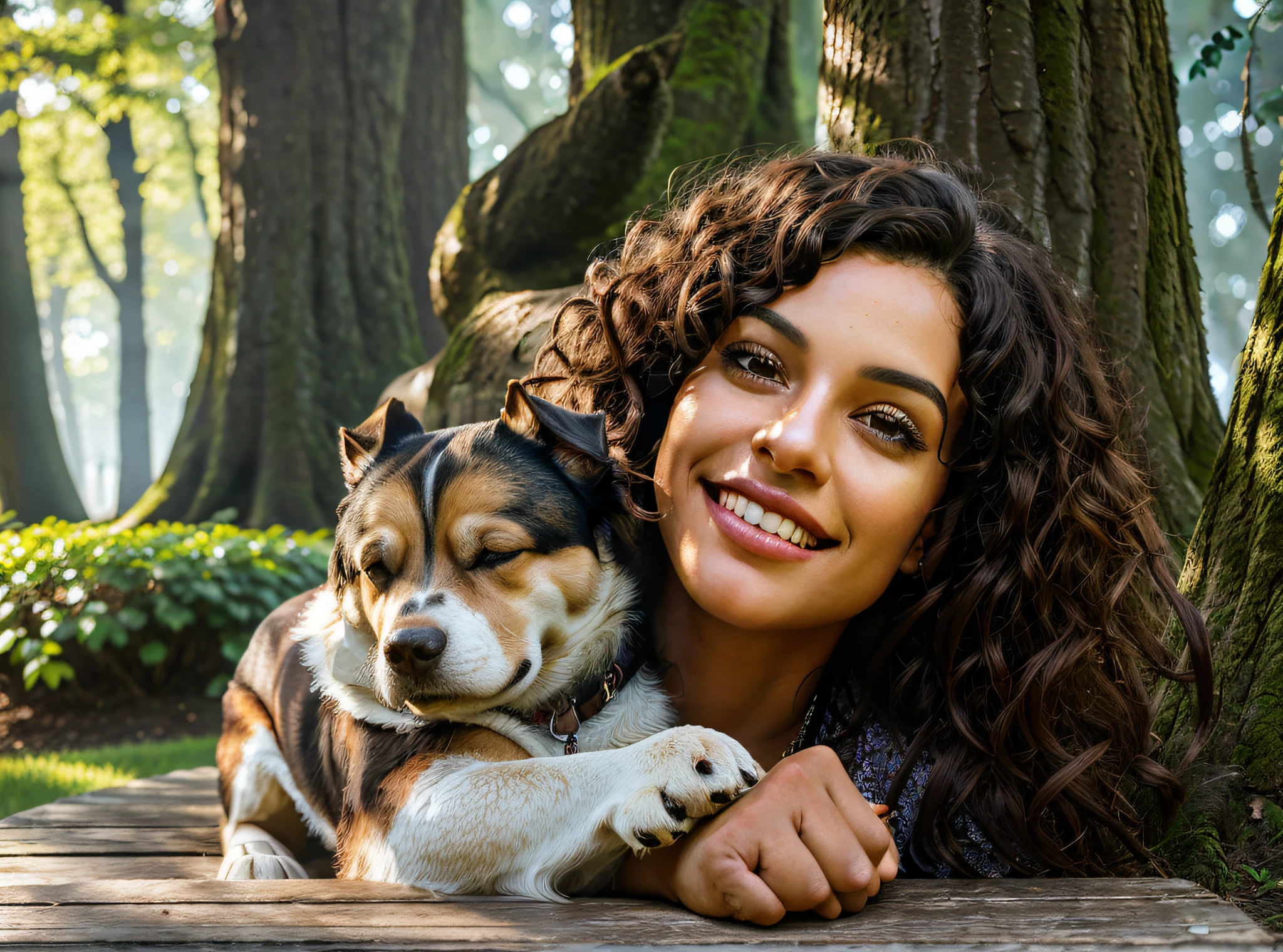 ((1 woman),25 years, brown skin, perfect body, medium size curly hair, curly, realistic face, realistic wide smile, realistic lips, close-up, foreground)), (basic detailed and realistic clothes), looking at the camera, sitting on a bench in the square, the rays of the sun pierce through the trunks of centuries-old trees, caressing the head of a dog sleeps on the bench, Ray Tracing, NVIDIA RTX, Super-Resolution, Post-processing, Anisotropic filtering, Maximum clarity and sharpness, Multi-layered textures, masterpiece, best quality, 8k, intricate details, ultra detailed, cinematic lighting, fog atmosphere, realistic hyper