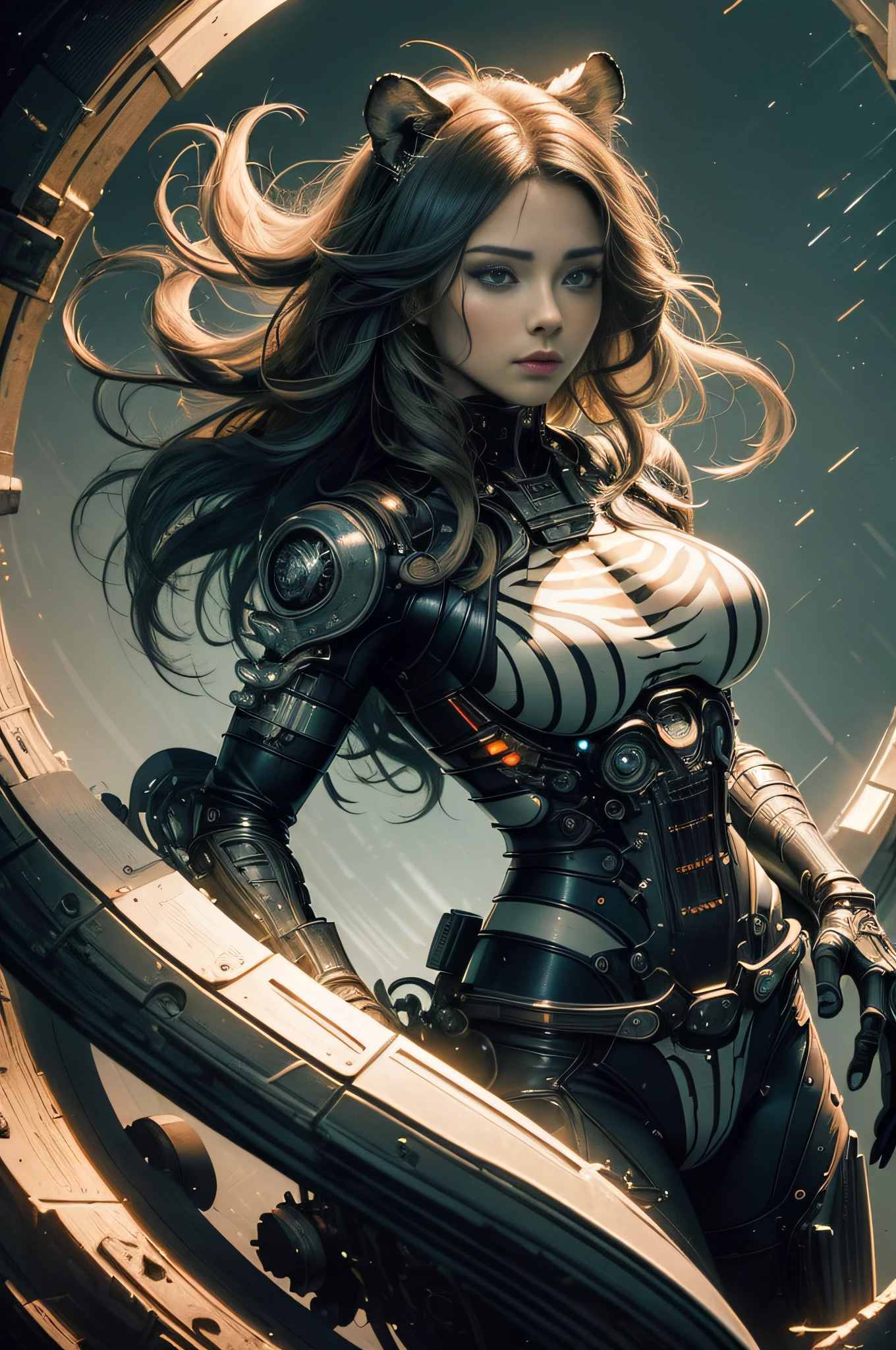 [Detailed illustrations, art based on extremely ideal anatomy, very detailed and detailed drawings, slow and delicate lines, realistic texture expression],((Color tressed main lines)),(Artwork with outstanding virtuosity),(Briefing room background),[(HENTAI) ANIME Girl Japanese Beauty Cyborg 17 years old (Wild hair)] Muscular (( KARATE)) Mechanical arms (V8 engine: 0.3),[Black leather jacket] ((Tiger: 0.6) (Translucent rubber inner)) (((Tiger stripe))),((Chrome coating:0.5))),(Science Fiction Mechanical Bioengineering),((Fine and beautiful skin expression (transparency)))),((Clear line of sight)),(Perfect eye details ( Beautifully drawn eyes))),(Beautiful perfect face (realistic face details)),((Beautiful hair details)),(Perfectly proportioned proportions)),(Design built to a high level,((Advanced structural understanding of materials)),Ideal color coordination),((Artistic decoration)) ((Dense details)),((Detail,High definition)),[( Ultra-precise detail),((Multi-layered texture)),HighQuality,High Resolution],((Accurate simulation of light-material interactions, understanding of air flow, mechanically correct representation)),(((Visual art with a sense of narrative)).