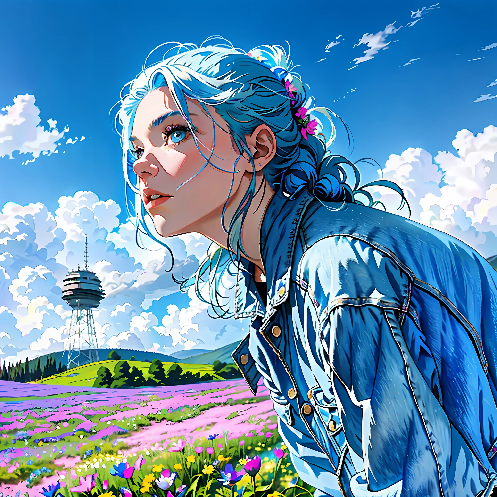 arafed woman with blue hair and a denim jacket in a field of flowers, sky blue hair, with blue hair, sky blue straight hair, clouds of vivid horse-hair wigs, spring day, flowing blue hair, girl with blue hair, long silver hair with a flower, an aesthetic field of flowers, girl in a flower field, beautiful blue haired girl