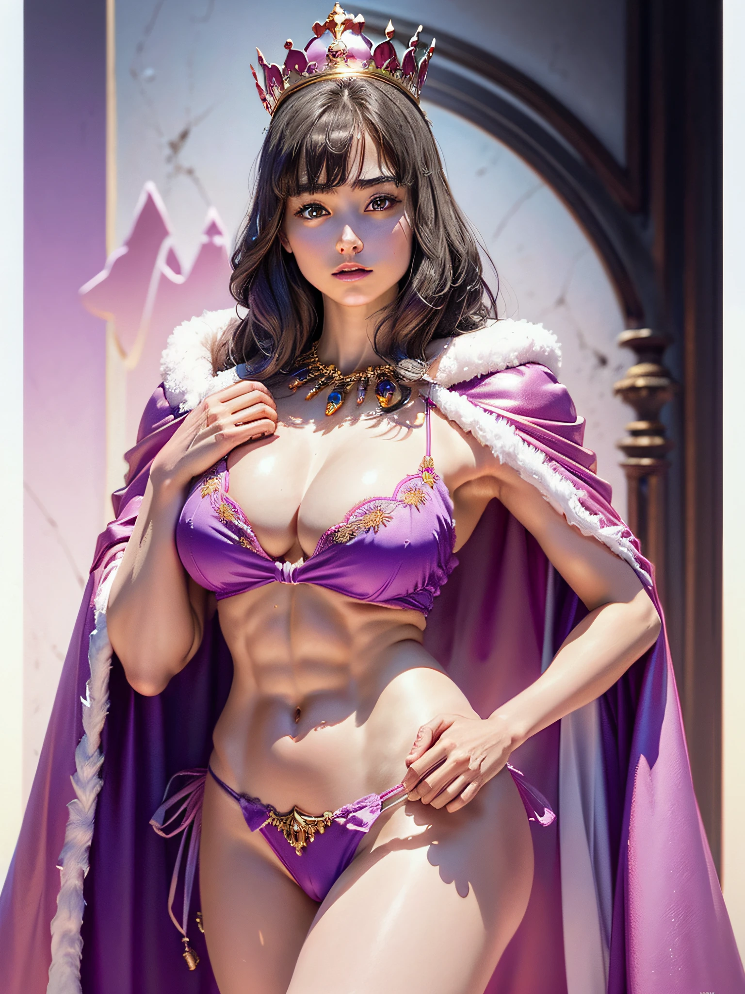 (Masterpiece, Top Quality, Best Quality, Official Art, Beautiful and Aesthetic: 1.2), RAW Photos, (Highly Detailed Skin: 1.2), (Exposed Back: 1.5), (Exposed Back: 1.5), (Exposed Shoulders: 1.1), (Exposed Crotch: 1.5), Ultra-Detailed Complex 3D Rendering of Face, Various Poses, (((Huge Breasts: 1.4)), (Exposure: 1.1), Pink Micro Bikini, , Perfect Figure: 1.4, slim abs: 1.1, (1 girl), fur-lined purple cape, abs, jeweled detailed crown: 2.2), detailed luminous necklace adorned with jewels, cleavage, gray hair, white skin, strong and detailed weapons