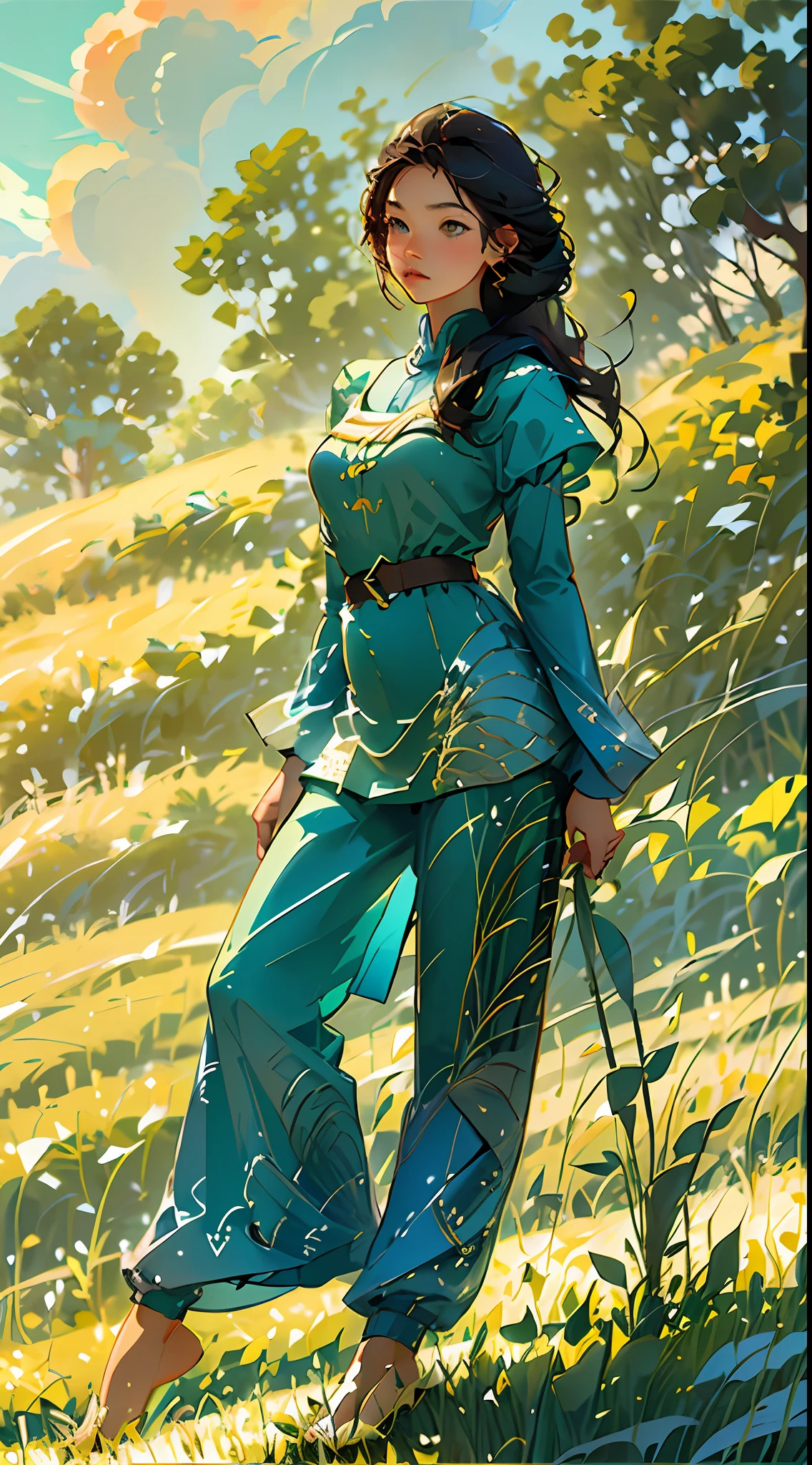 Wheat field, a beautiful girl standing in a wheat field, big clouds, blue sky, rice field, neat rice seedlings in the field, forest, hillside, secluded, countryside, HD detail, hyper-detail, cinematic, surrealism, soft light, deep field focus bokeh, ray tracing and surrealism. --v6