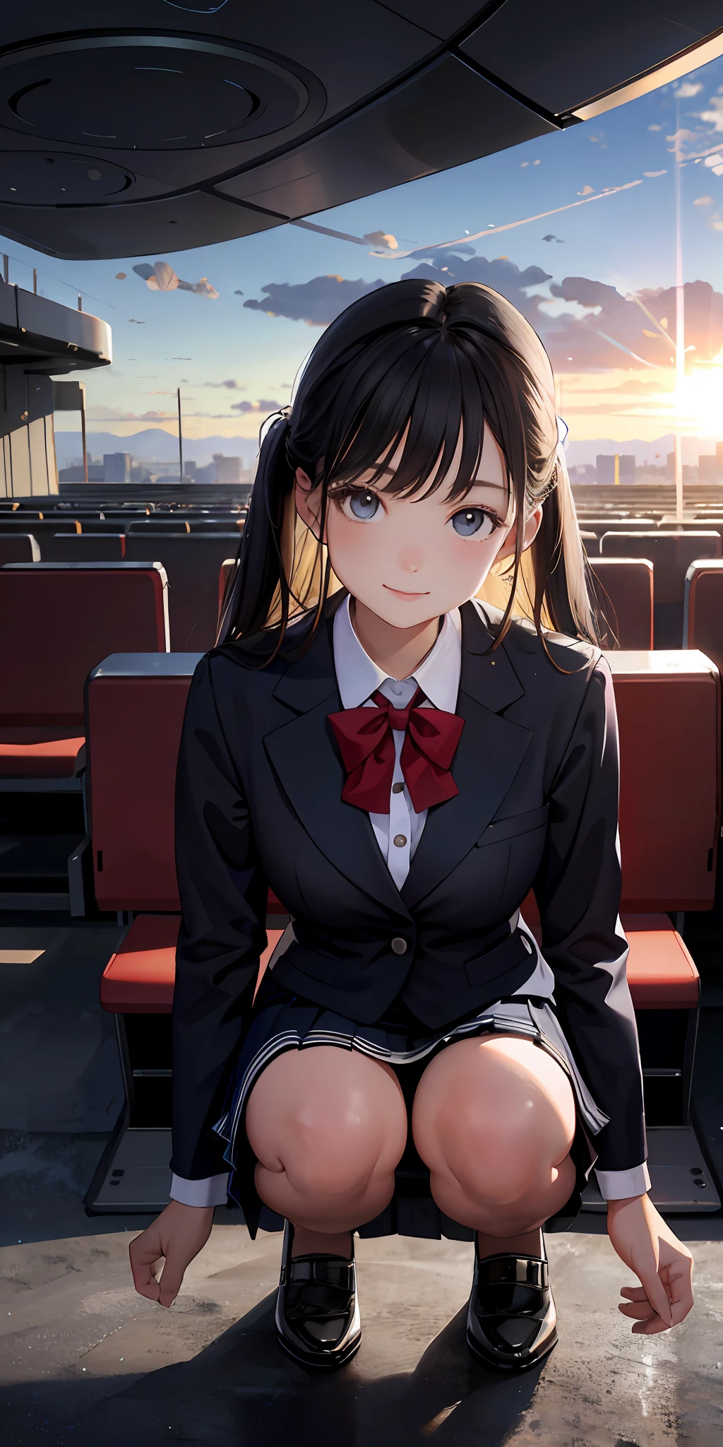 Masterpiece, best quality, high resolution, very detailed, detailed background, 1 girl, looking at the audience, crouched on the ground in flight attendant uniform, skirt, transparent, happy, sun exposure, NSFW
