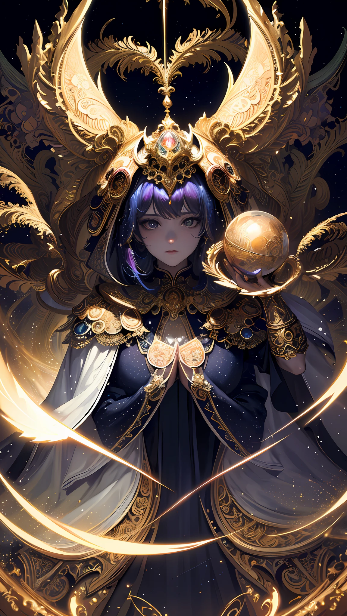 (masterpiece, top quality, best quality, official art, beautiful and aesthetic:1.2), (1girl), extreme detailed, (fractal art:1.3), colorful, highest detailed, perfect face, upper body, HDR, (praying:1.3), (white cloak golden lines:1.2), galaxy, (light streaks), striking visuals, (dynamic streaks, luminous trails:1.2), vibrant colors,