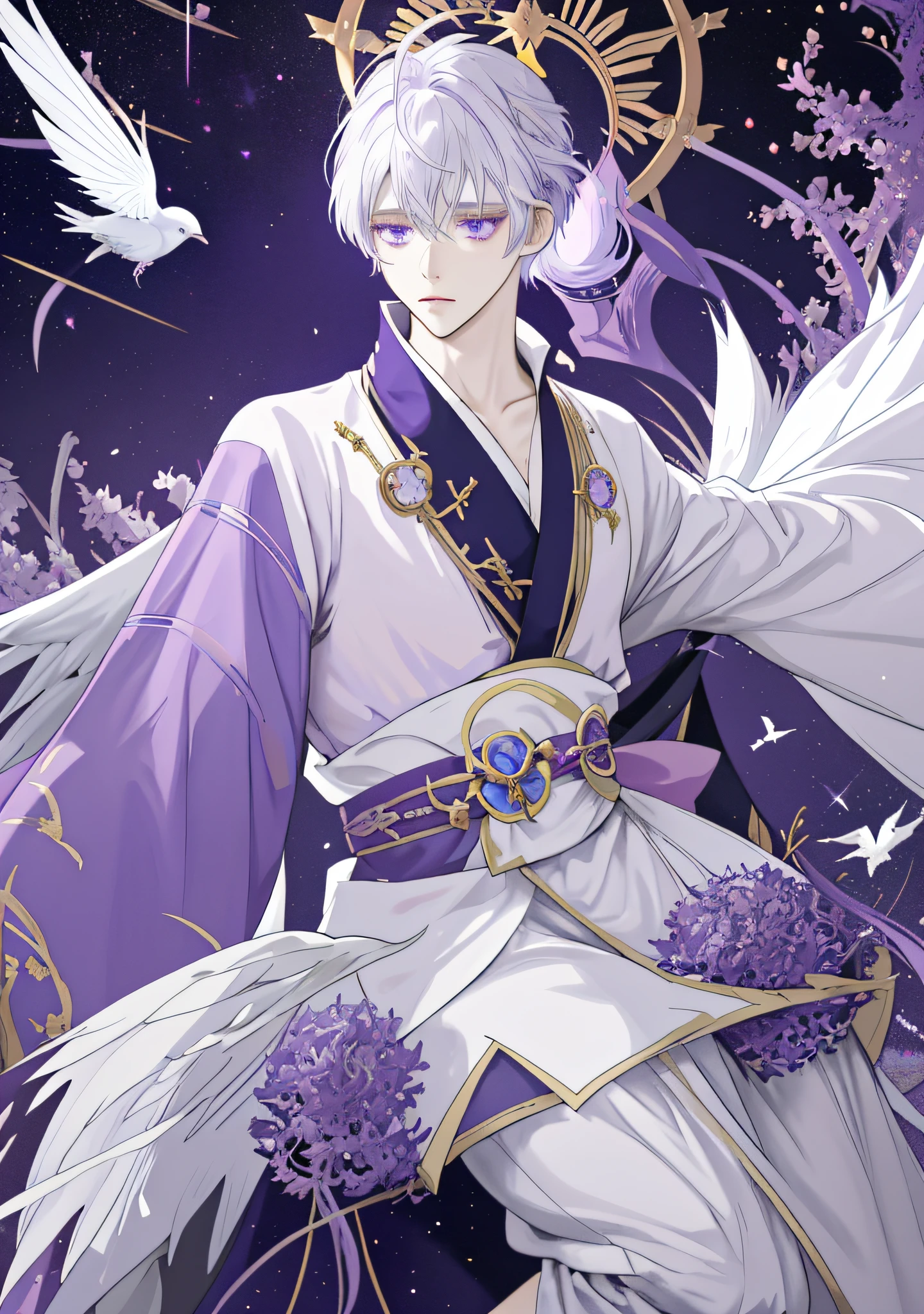 Anime boy in purple robe with bird in hand, white-haired deity, beautiful celestial mage, astral witch costume, complete portrait of elemental, Onmyoji detailed art, flowing magic robe, flowing white robe, full body white purple cape, (((beautiful fantasy male emperor)), full body fairy, masterpiece sad male god