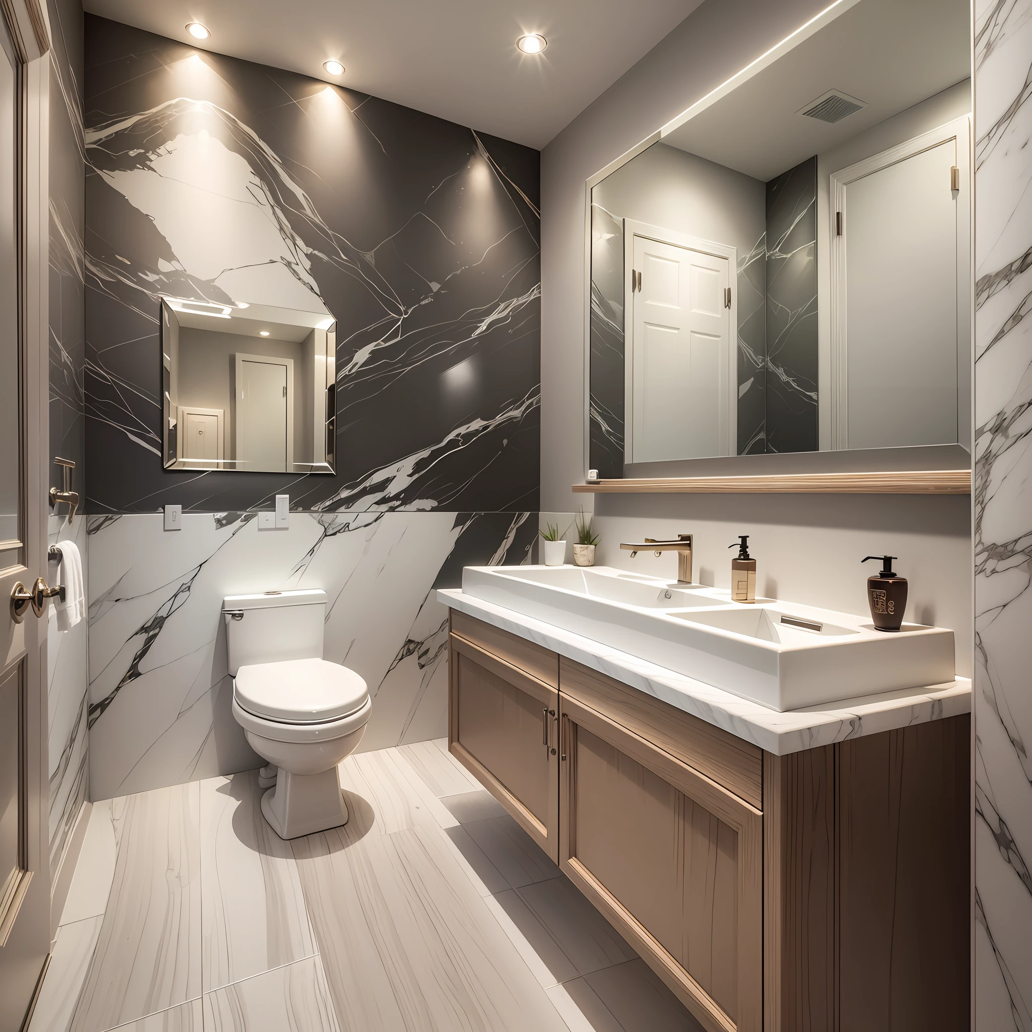 There is a bathroom cabinet and mirror bathroom, mirror with light, sanded surface glow, mirror around will glow, style simple, American style bathroom, toilet background style simple and stylish, light marble wall, cheerful and bright --auto --s2