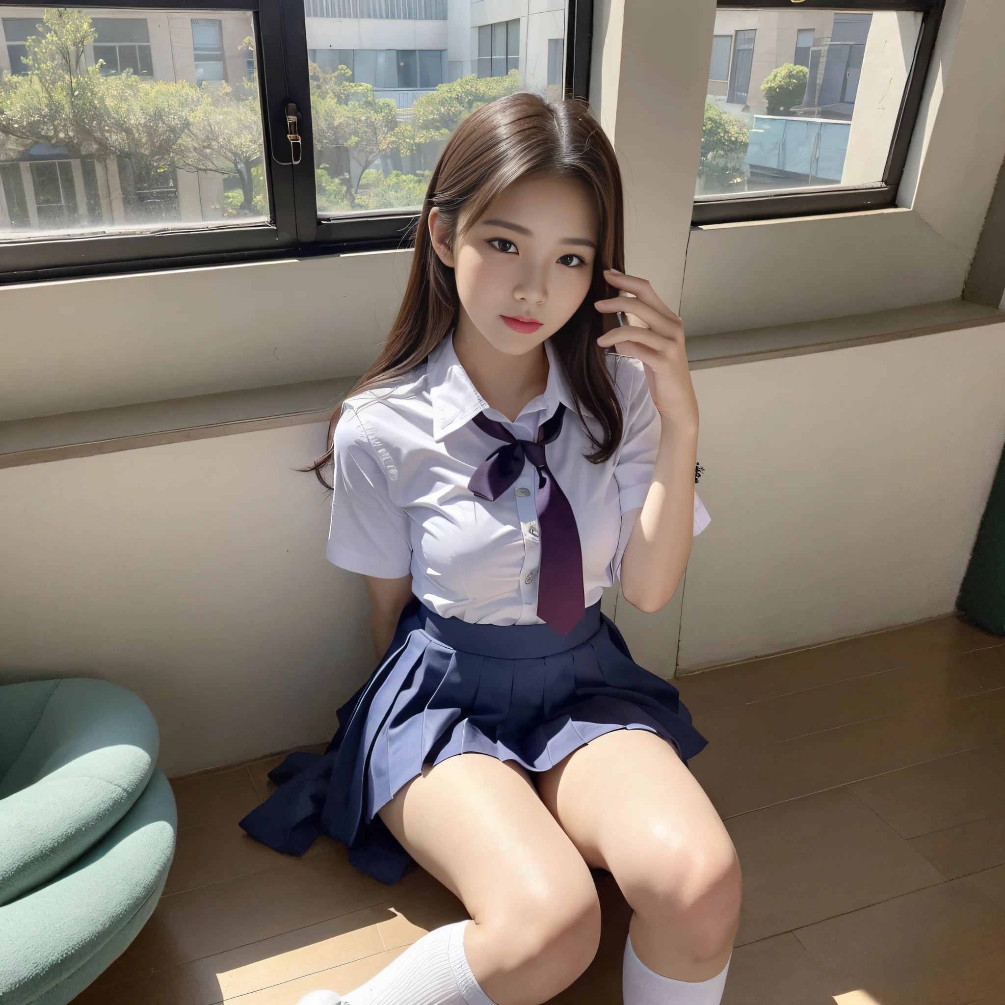 masterpiece, best image quality, beautiful schoolgirl full of charm, radiant skin, 16K, perfect human structure, double eyelids, uniform, socks, shoes, schoolhouse, sexy style,