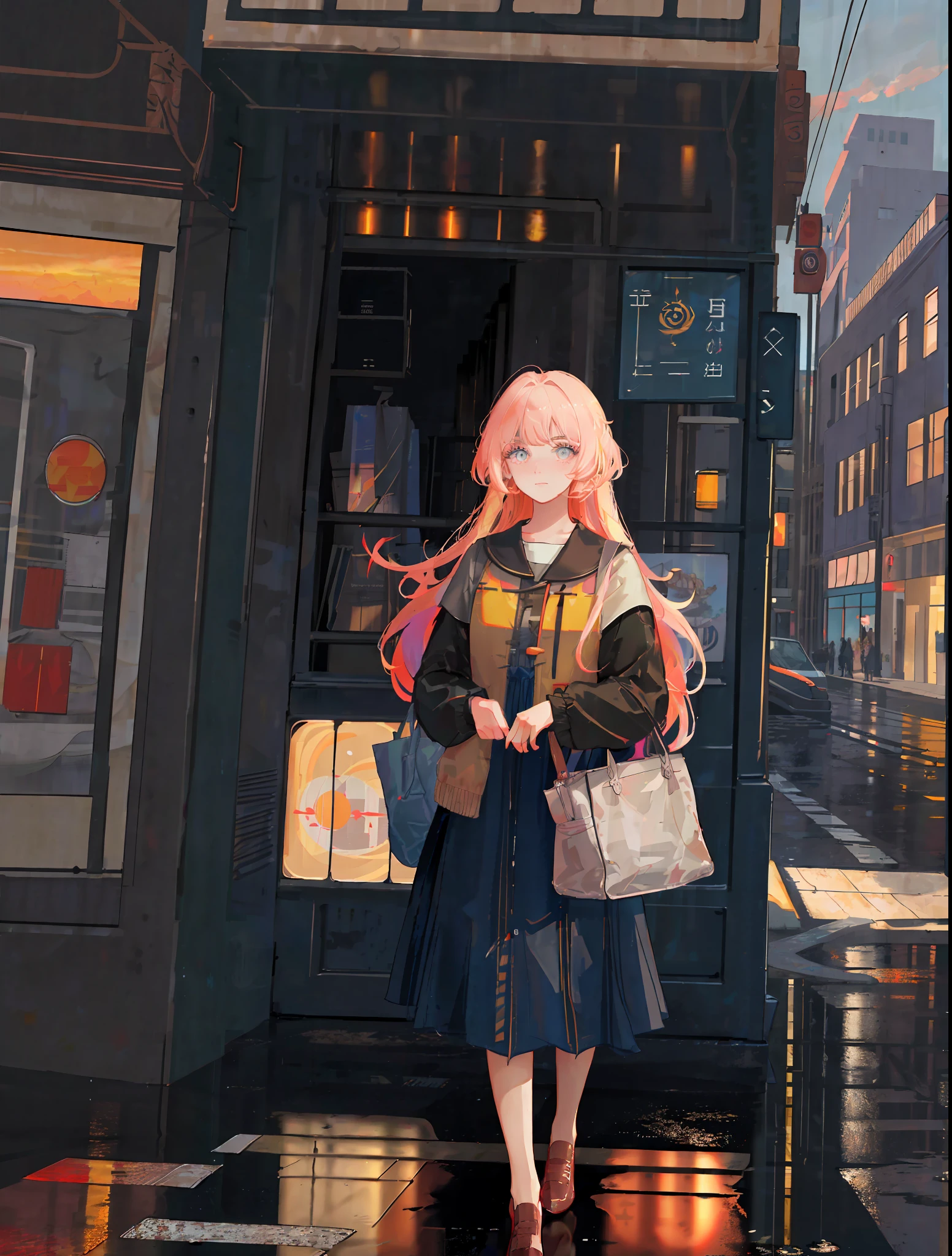 masterpiece, best quality, masterpiece, divine quality, divine art, highly detailed face, highly realistic, closeup, just face, beautiful, young, big eyes, long hair, long eyelashes, random hair color, bright eyes, make up, random skin color, rain, wet floor, reflective floor, big city street, blush, dawn, rising sun, random skycolor, random sun color, random light color, dawn lighting, dawn lighting, raytracing, fine details