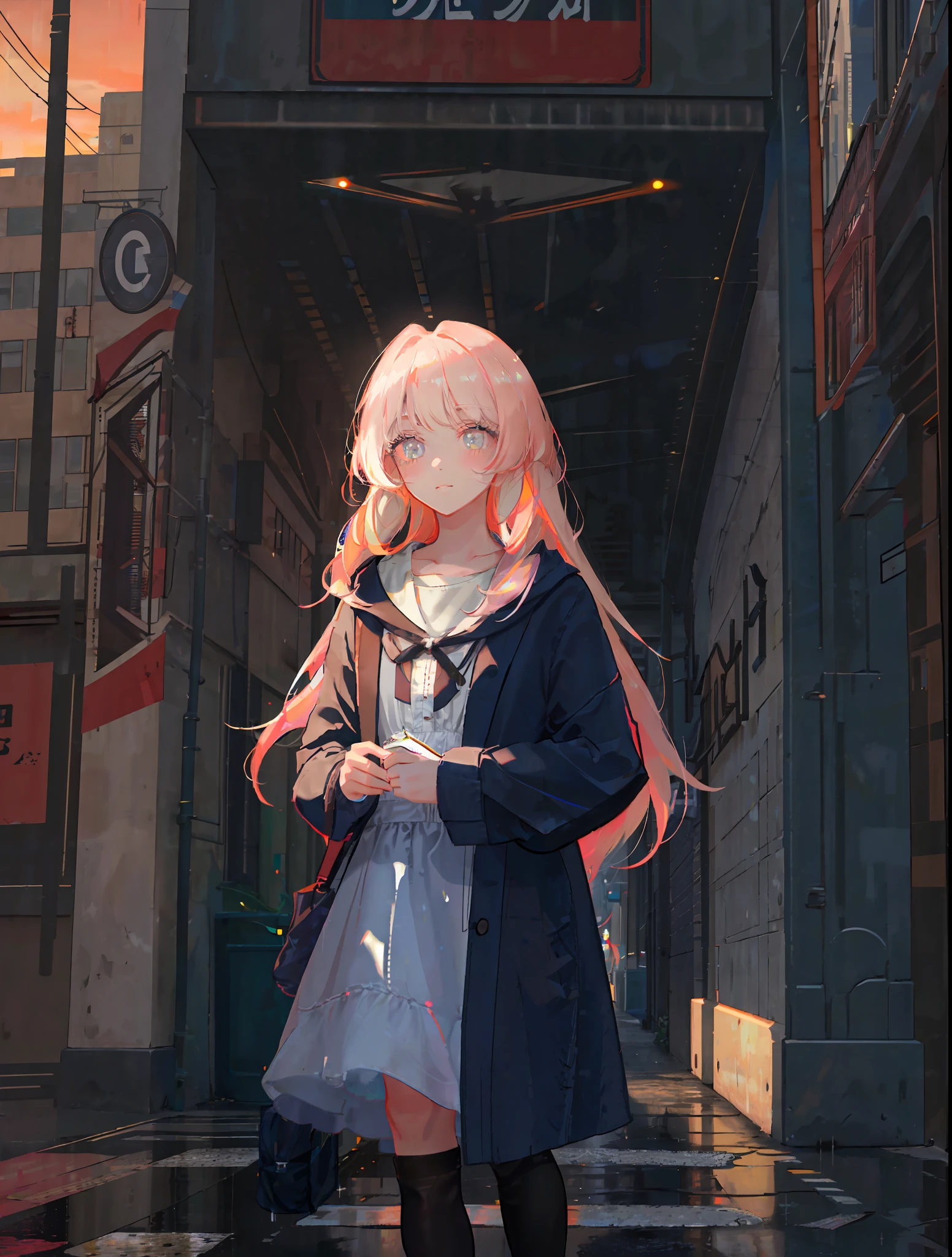 masterpiece, best quality, masterpiece, divine quality, divine art, highly detailed face, highly realistic, closeup, just face, beautiful, young, big eyes, long hair, long eyelashes, random hair color, bright eyes, make up, random skin color, rain, wet floor, reflective floor, big city street, blush, dawn, rising sun, random skycolor, random sun color, random light color, dawn lighting, dawn lighting, raytracing, fine details