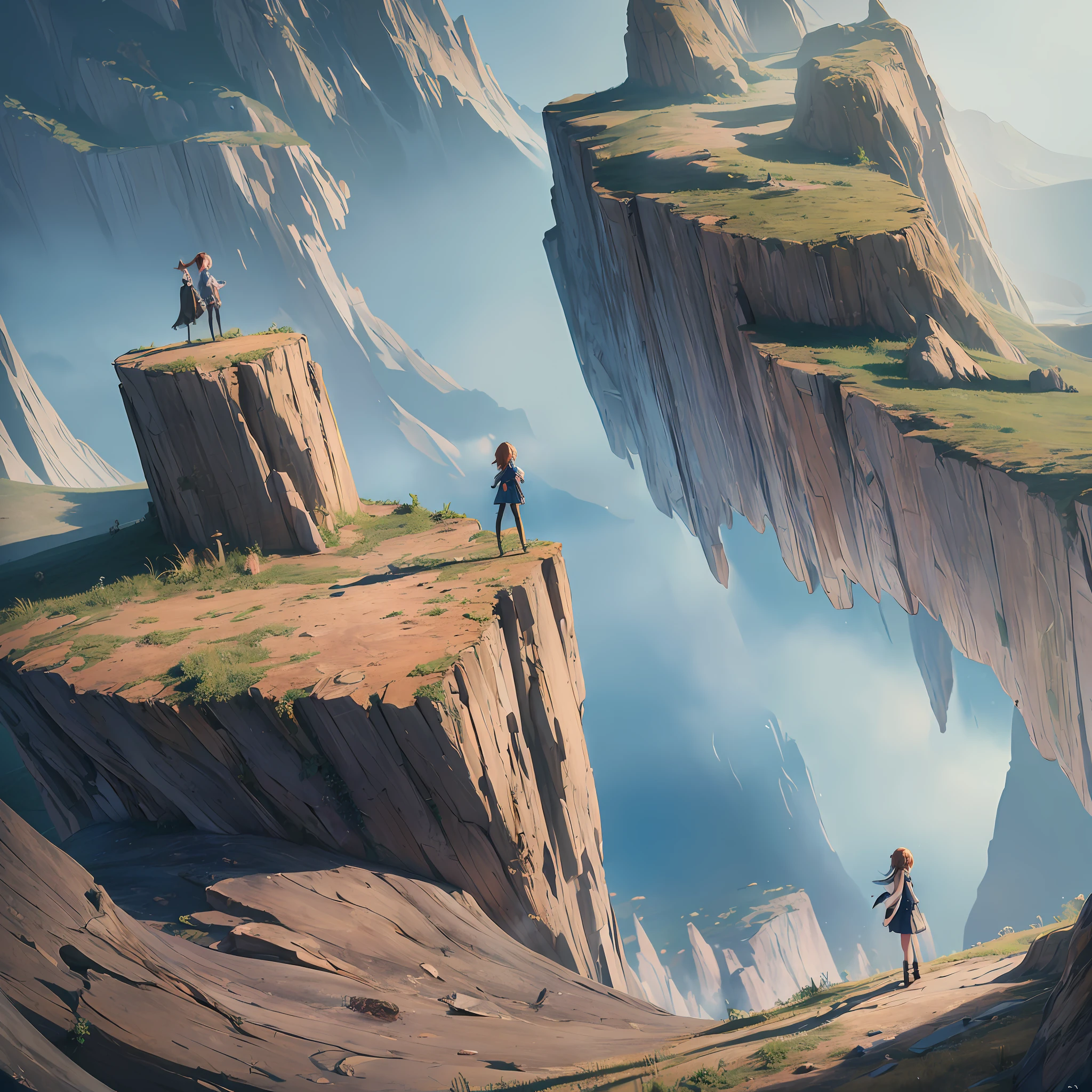 (extremely detailed CG unity 8k wallpaper, masterpiece, best quality, ultra-detailed), best angle, best illumination and shadow, floating, a pixar girl standing on the edge of the earth with a look of wonder and fear in her eyes, abyss, scenic landscape stretching out into the distance, vibrant colors, subtle details. --auto --s2