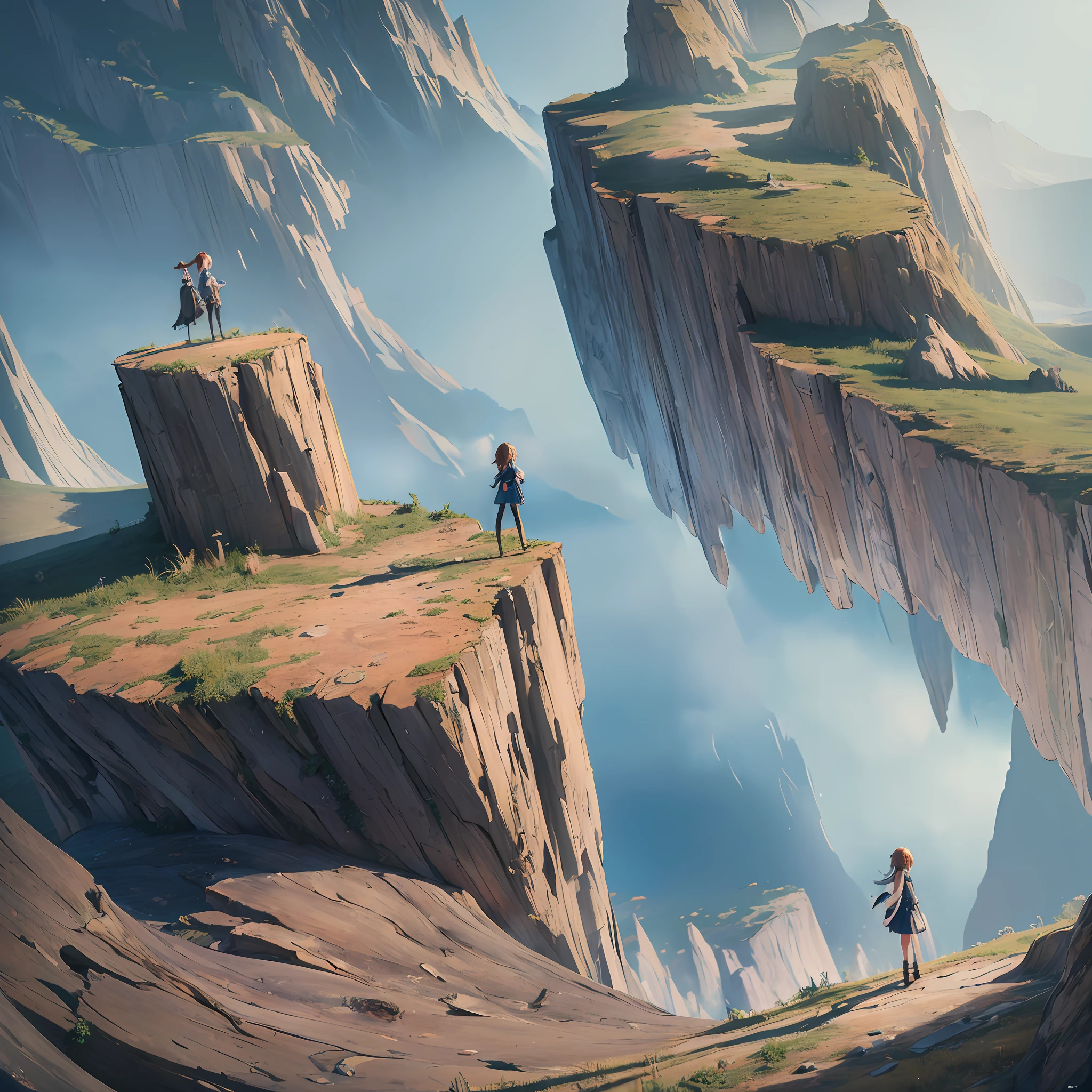(extremely detailed CG unity 8k wallpaper, masterpiece, best quality, ultra-detailed), best angle, best illumination and shadow, floating, a pixar girl standing on the edge of the earth with a look of wonder and fear in her eyes, abyss, scenic landscape stretching out into the distance, vibrant colors, subtle details. --auto --s2
