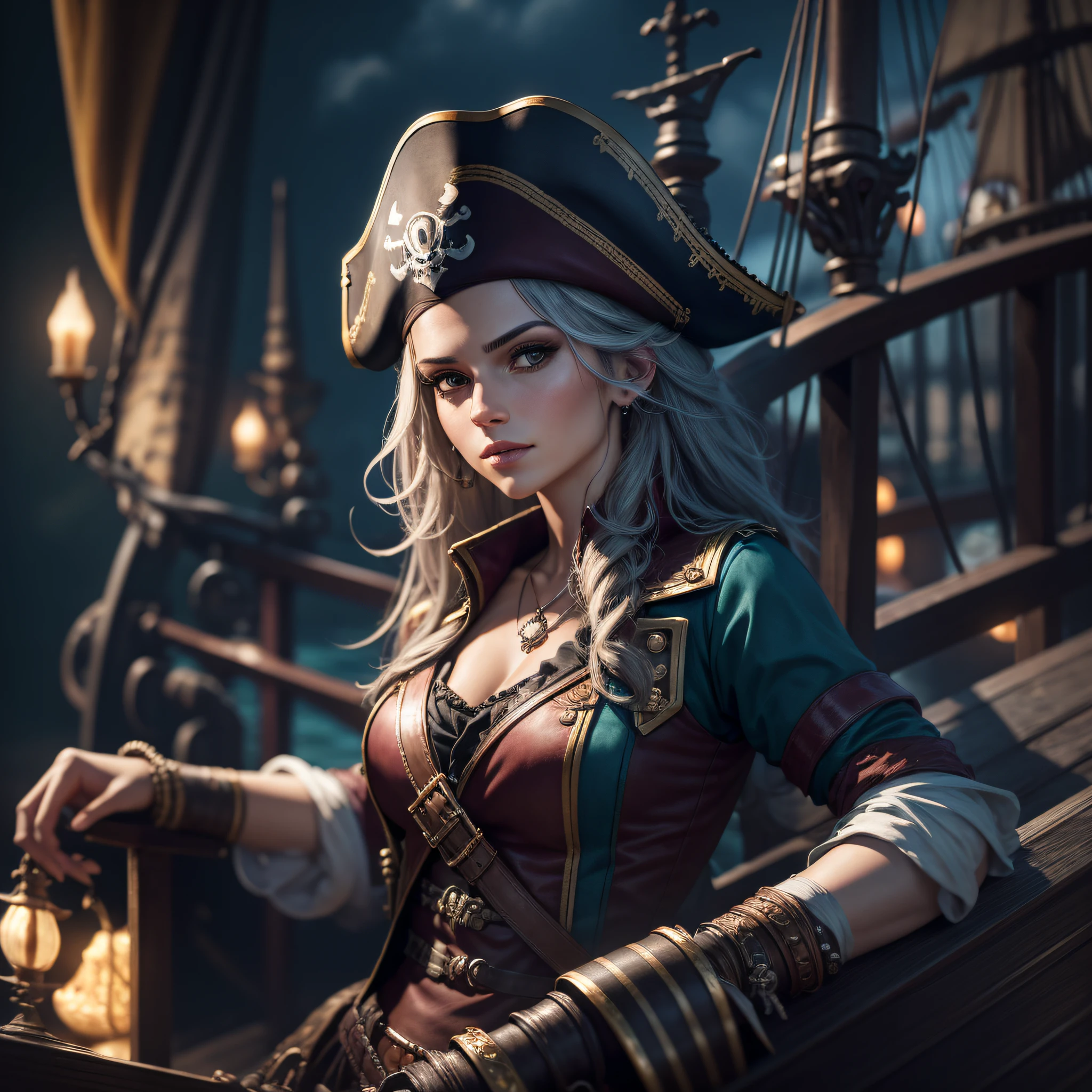 "hyper-realistic, best quality, ultra-detailed, CG unity 8k wallpaper, portrait of a beautiful, female pirate captain, on her pirate ship, accompanied by her crew of female pirates." --auto --s2