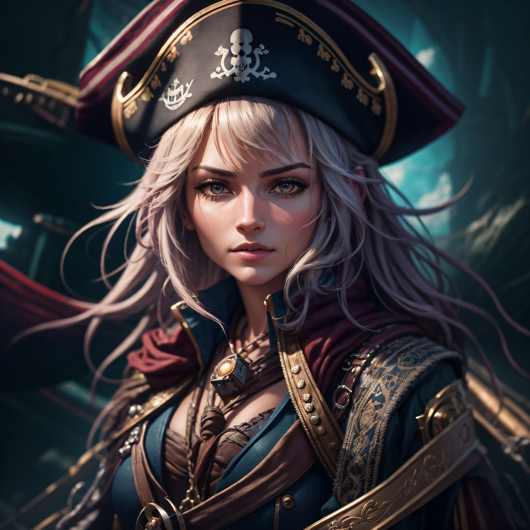 "hyper-realistic, best quality, ultra-detailed, CG unity 8k wallpaper, portrait of a beautiful, female pirate captain, on her pirate ship, accompanied by her crew of female pirates." --auto --s2