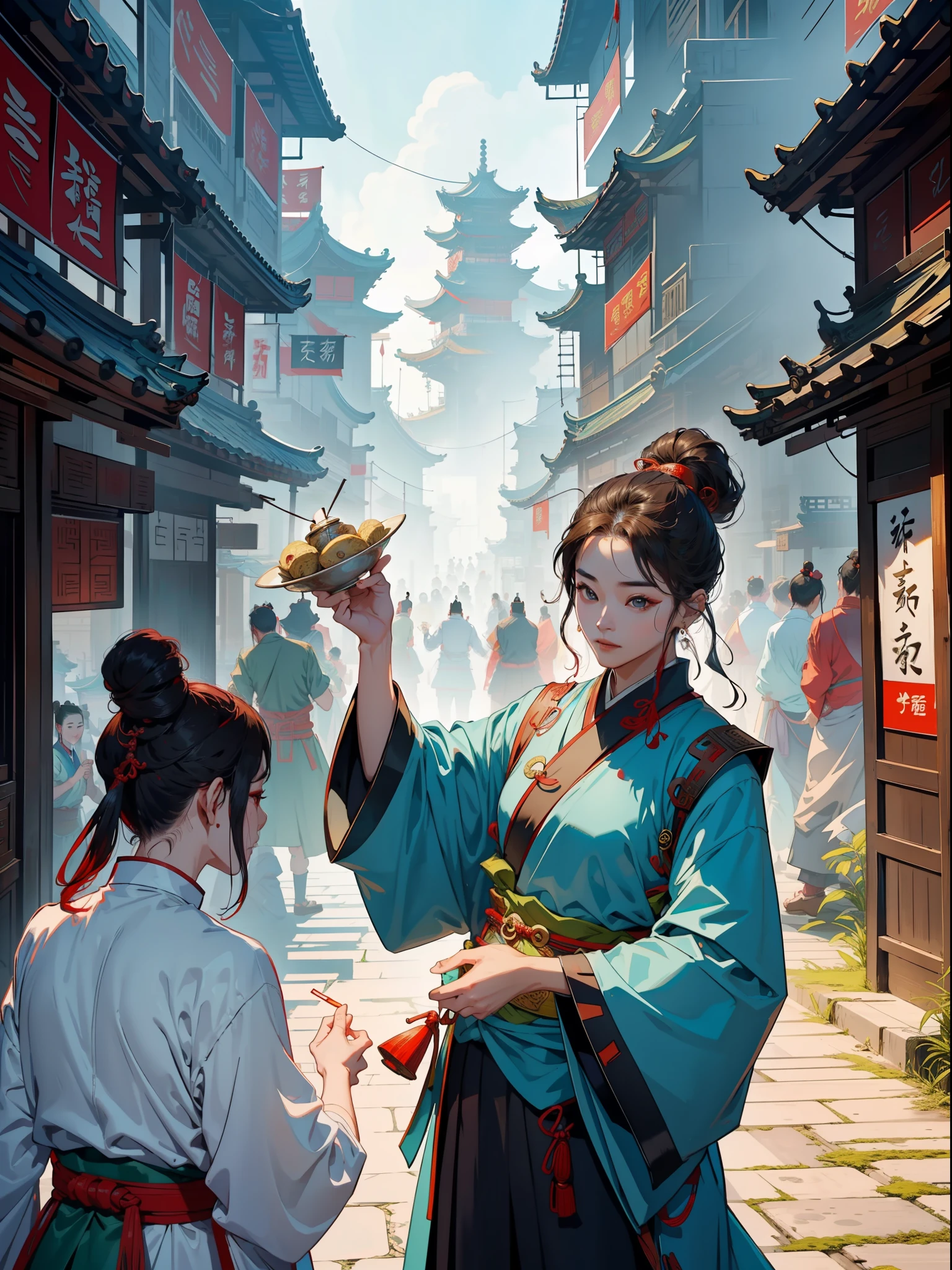 Ancient Chinese streets, (lively) + (crowds of people) + (multi-head: 1.5) + (multi-handed) + [Dugu seeking defeat, Ruyi Chuan, do you know if it should be green fat red thin, Chinese tradition, (tea house/tavern/shop): 1.2]