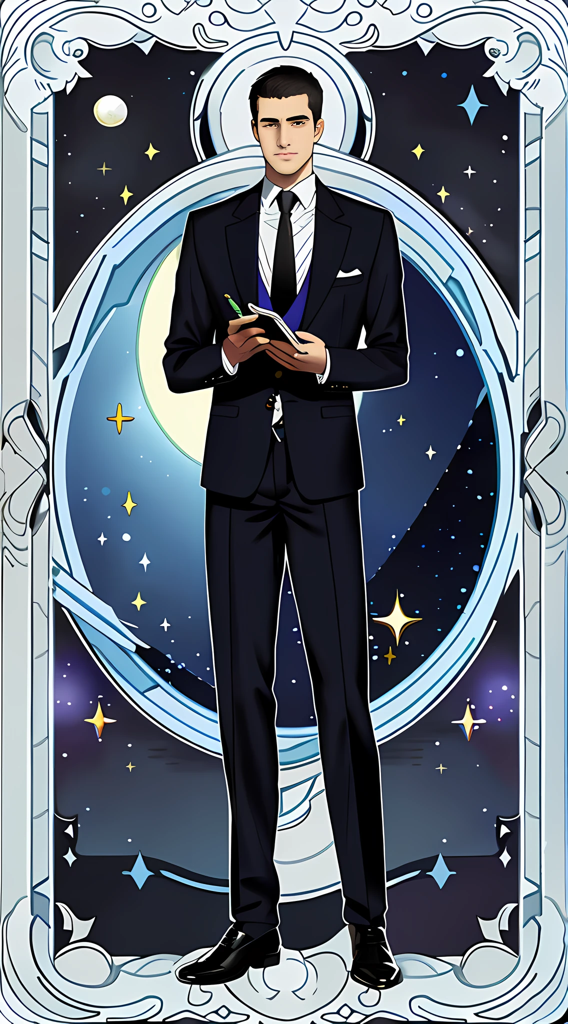 white skin, masterpiece, calm, book, smart, wisdom, pen, the moon, gentleman