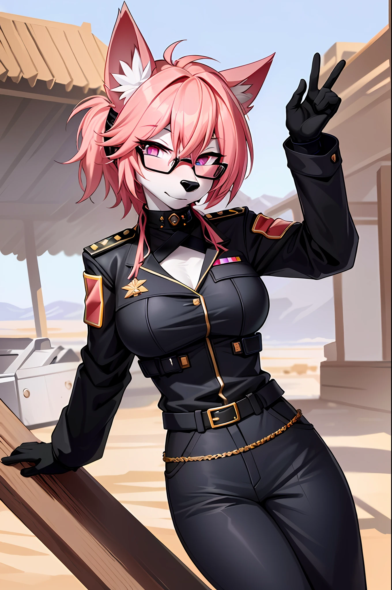 ((masterpiece, best quality)), (anthro furry:1.3, muzzle:1.2, anthro:1.3, furry:1.2, closeup:1.2, female solo:1.2, (wearing russian military coat) military pants, wearing glasses, fox spiraled in the colors of funtime foxy,five nights at freddy,white skin pink details, pink eyes, sexy position, desert ambient place,tank blimdado behind