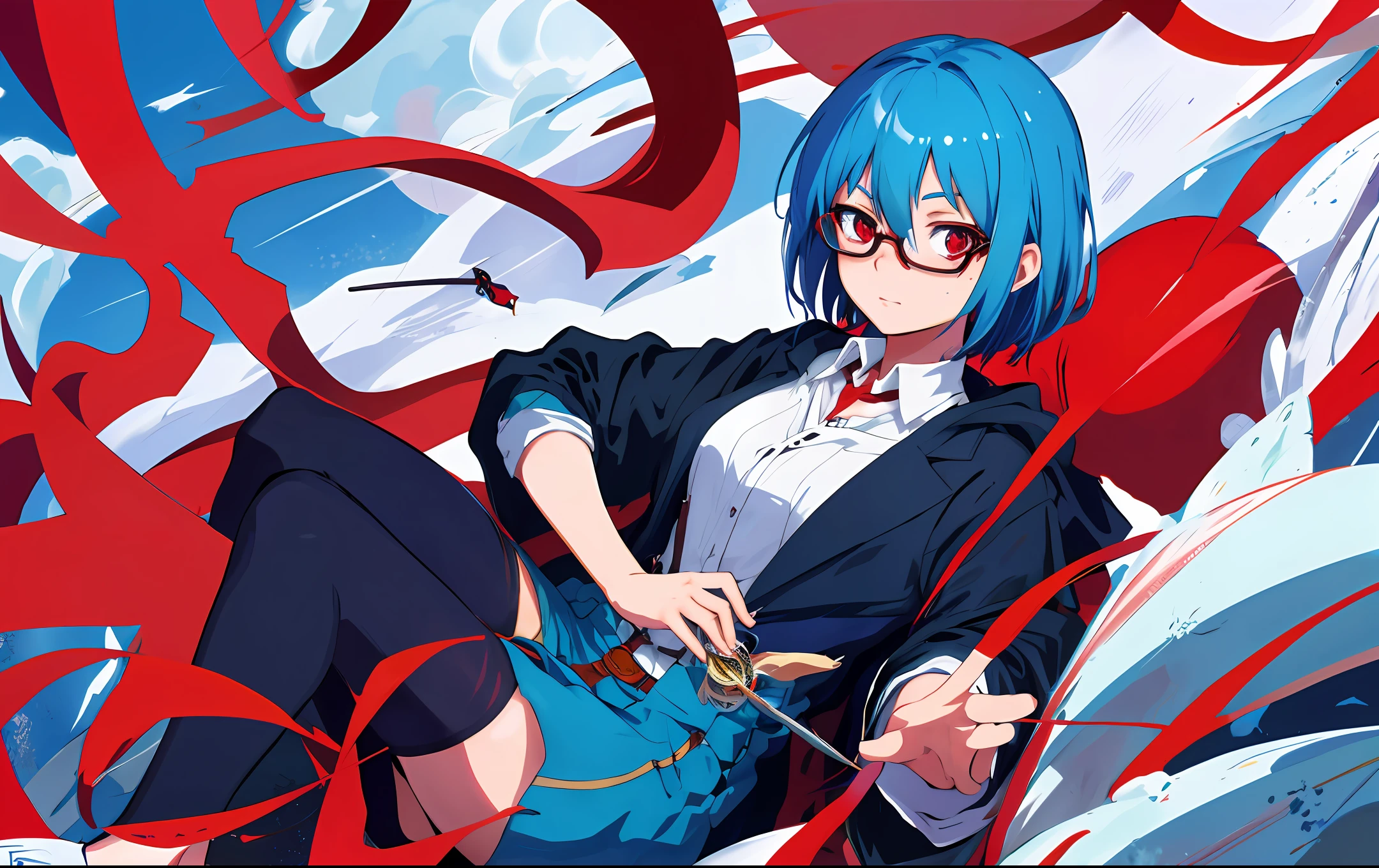 Medium Short blue hair Wearing glasses Red eyes Freckles Cute girl Wizard High quality anime characters