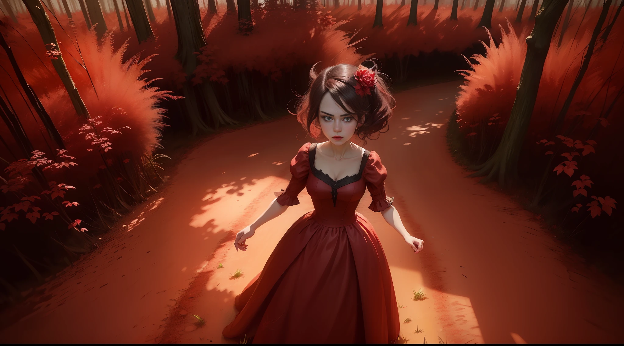 (photo-realistic) Wendy, (Don't Starve Together), wearing a beautiful (red dress), (high-detail), (vivid colors), (dynamic pose), (featuring her face ), (best illumination), (best shadow), (ultra-detailed) standing in a lush green forrest