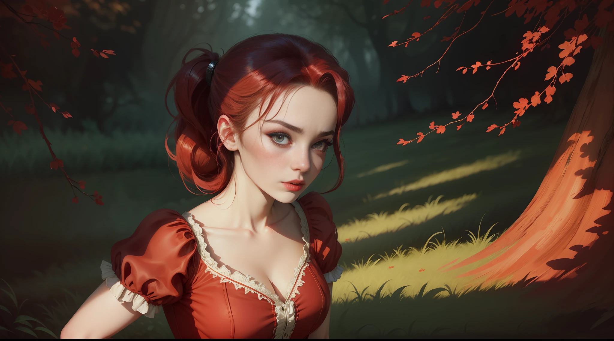 (photo-realistic) Wendy, (Don't Starve Together), wearing a beautiful (red dress), (high-detail), (vivid colors), (dynamic pose), (featuring her face ), (best illumination), (best shadow), (ultra-detailed) standing in a lush green forrest