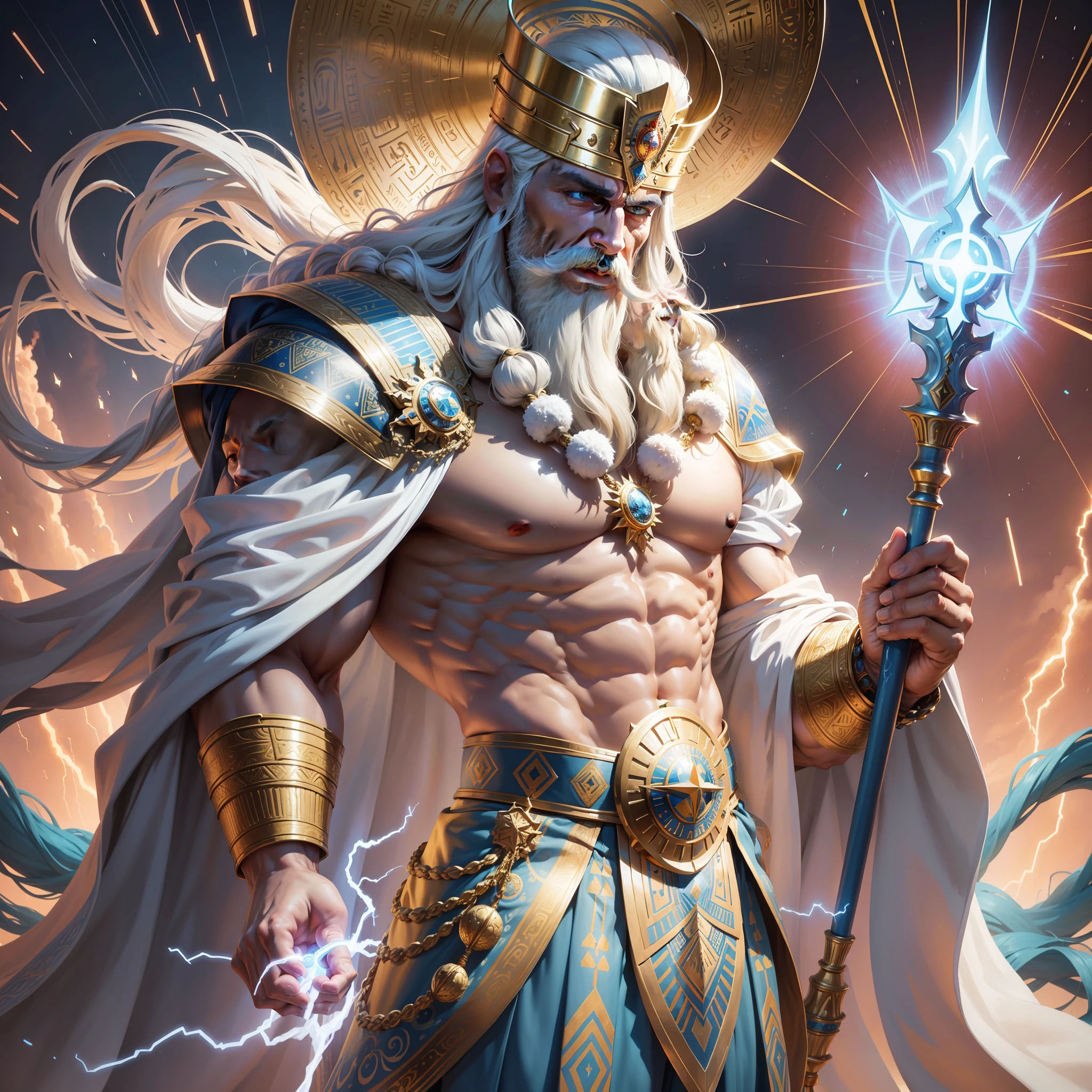 Anunnaki god, golden dress and white cloak, red Egyptian king's hat, blue eyes, blue electricity in the sky, rain, long white beard and hair, beards like old Persian soldiers white, standing smiling and holding a long staff It is a bright, blue and patterned sun, high quality, 4k, a masterpiece, a godlike face, muscular and muscular pose, people are worshiping him --auto --s2