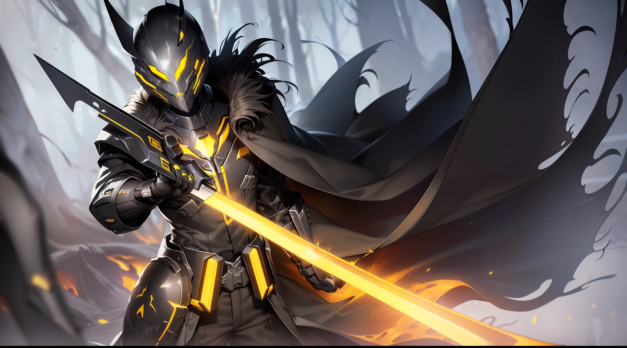 masterpiece, best quality, badass anime, high quality, human, mature handsome male, (((solo))), (male focus), ((mature)), ((black)) short hair, hair between eyes, slim, ((yellow pupils)), glowing pupils, detailed eyes, front view, (clothing, (topwear: (black modern coat, black t-shirt, black warframe helmet), bottomwear:(pants: black)), detailed clothing, coat collar, coat fluttering, smooth helmet, tall, (serious expression), (((burnt forest))), (detailed background), ((clothing covered with yellow glowing elements)), holding a gold sword