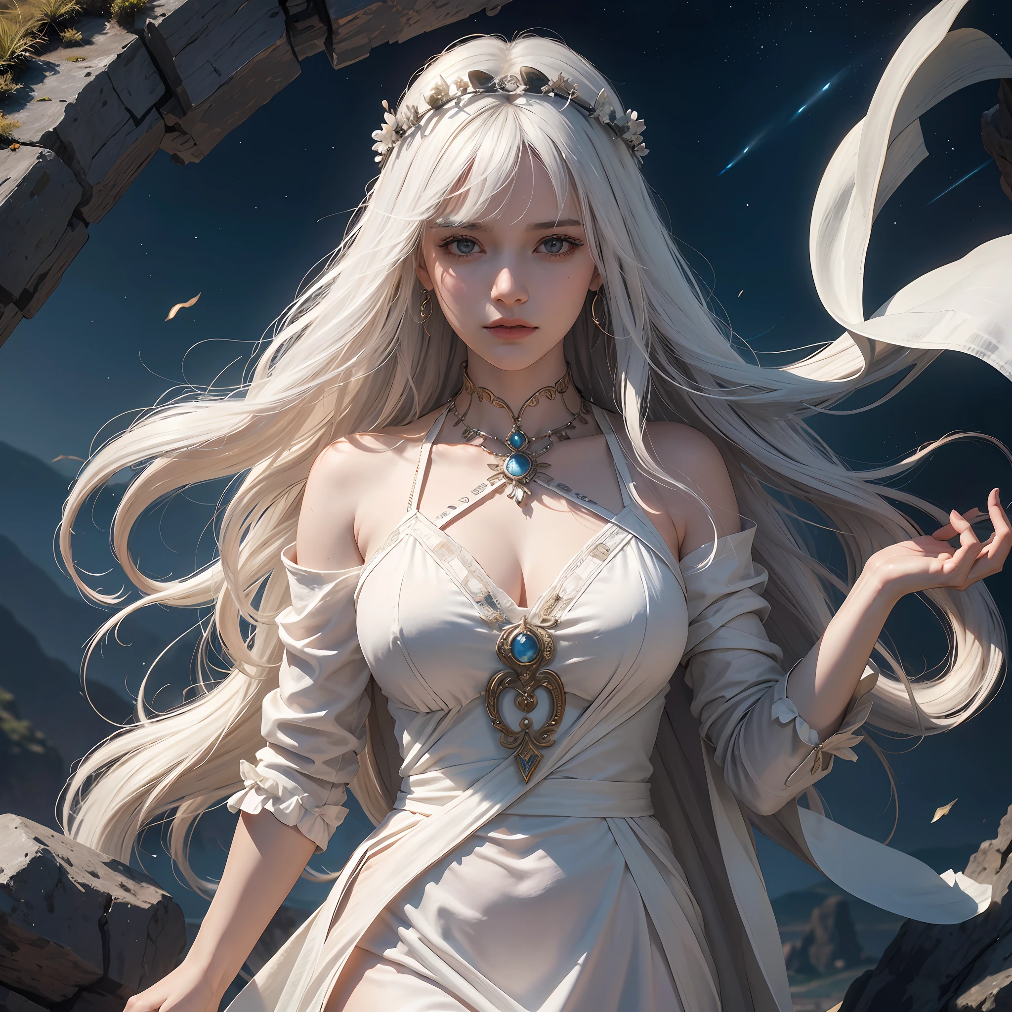 (absurdres, highres, ultra detailed), 1woman, mature female, aged up, wavy long hair, white hair, black eyes, bangs, long sleeves, finely detailed eyes and detailed face, extremely detailed CG unity 8k wallpaper, intricate details, looking down, solo, half shot, detailed face, stoic expression, dynamic pose, flowing hair, classical era, (ancient roman theme:1.1), roman mythology, Roman empire, Capua, ancient vineyard, oracle, cape, iron accessories, ancient theme, (flourishing civilization:1.1), pristine white marble, (intact:1.1) marble buildings, hills in background, brazier, burning embers, night, darkness, stars, aura of light, majestic atmosphere, floating stone particles,, portrait, wind swirling