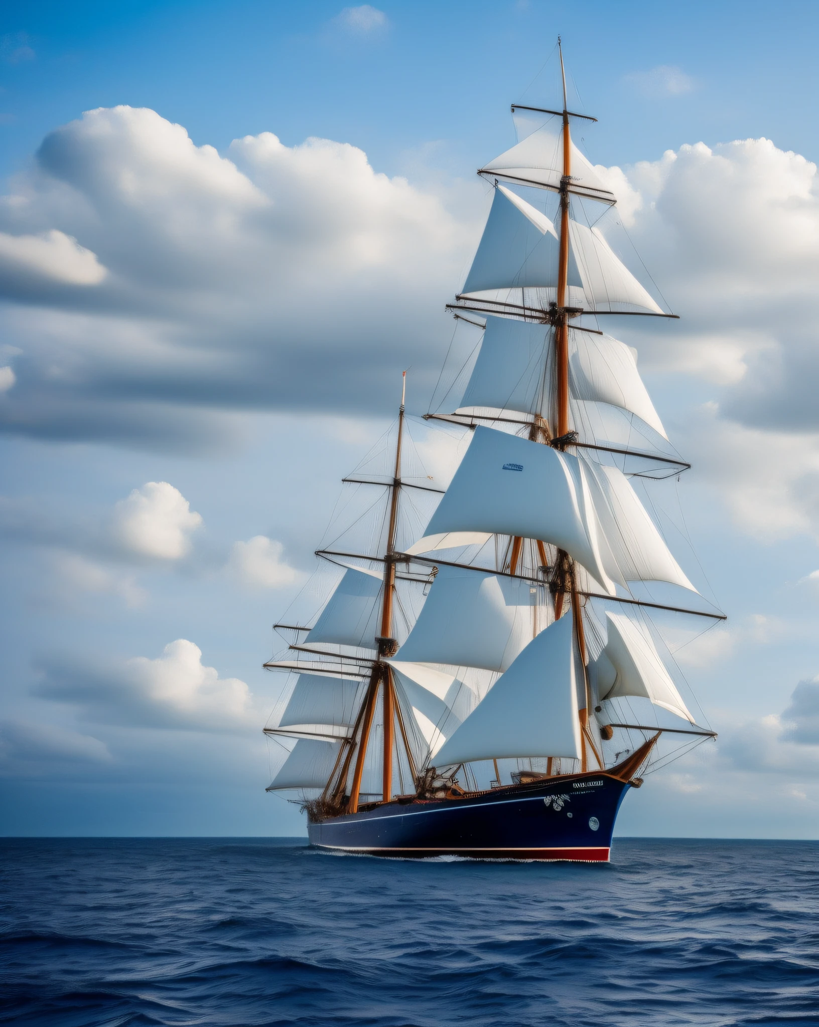 This picture of seafaring ships is very beautiful, giving people a feeling of vastness and unobstructed. In the picture, a huge sailing ship is thriving on the rough sea, and the gentle sea breeze blows the sails, pushing the ship forward. There are no clouds on the sea, and the distant skyline meets the calm water, as if it is a wonder of heaven and earth. At the bow of the sailing ship, a sailor looks into the distance, his expression very focused, as if looking for clues in the ocean. In the cabin, the crew is nervously operating the steering wheel and various ship equipment to escort this huge sailing ship. The entire sailboat is presented in dark tones, and the hull is carved with delicate patterns and patterns, making this ship look particularly gorgeous and artistic. The whole painting is full of the atmosphere of exploration and the determination to sail, which is pleasant and a very beautiful work of art.