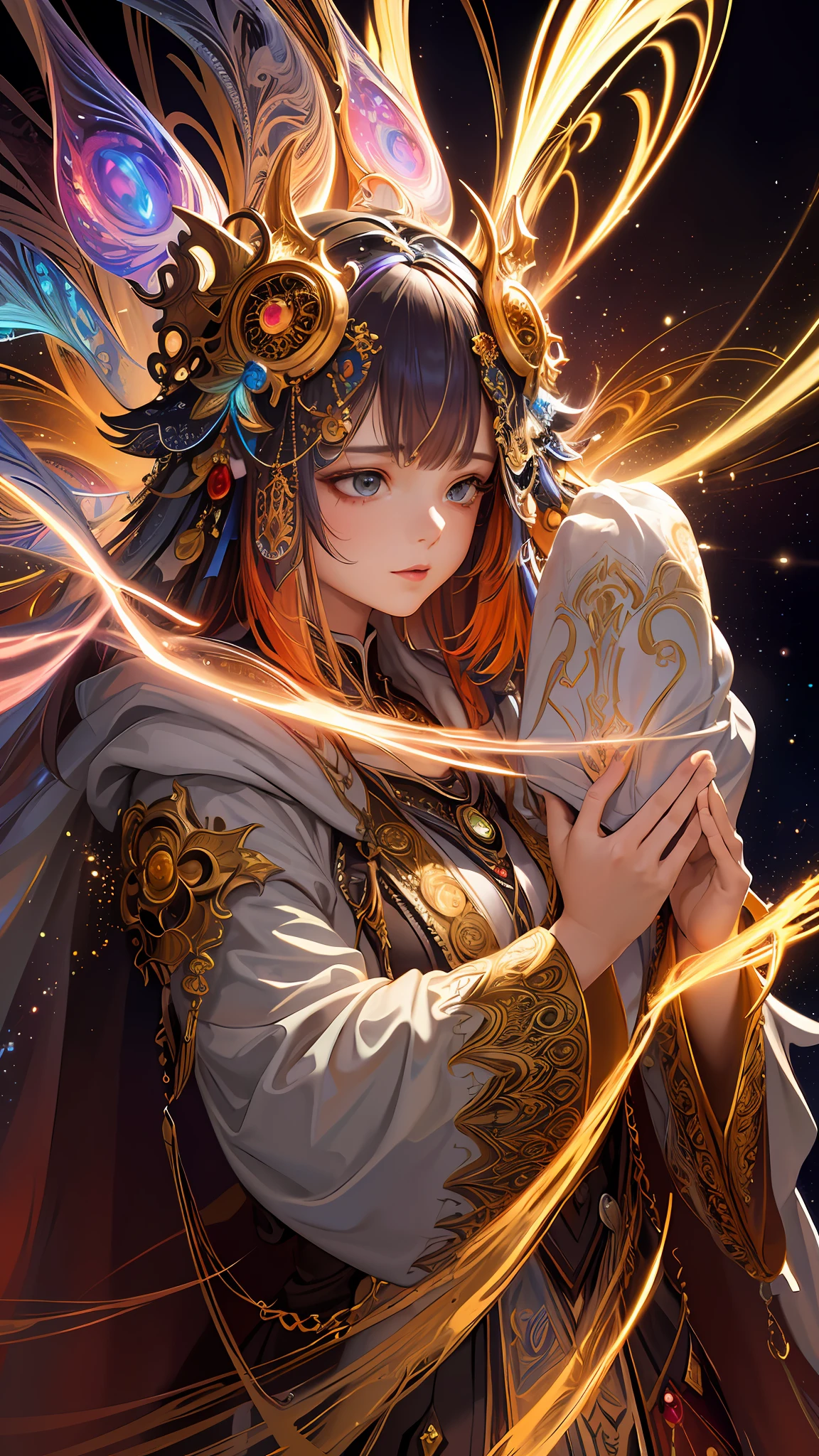 (masterpiece, top quality, best quality, official art, beautiful and aesthetic:1.2), (1girl), extreme detailed, (fractal art:1.3), colorful, highest detailed, perfect face, upper body, HDR, (praying:1.3), (white cloak golden lines:1.2), galaxy, (light streaks), striking visuals, (dynamic streaks, luminous trails:1.2), vibrant colors,