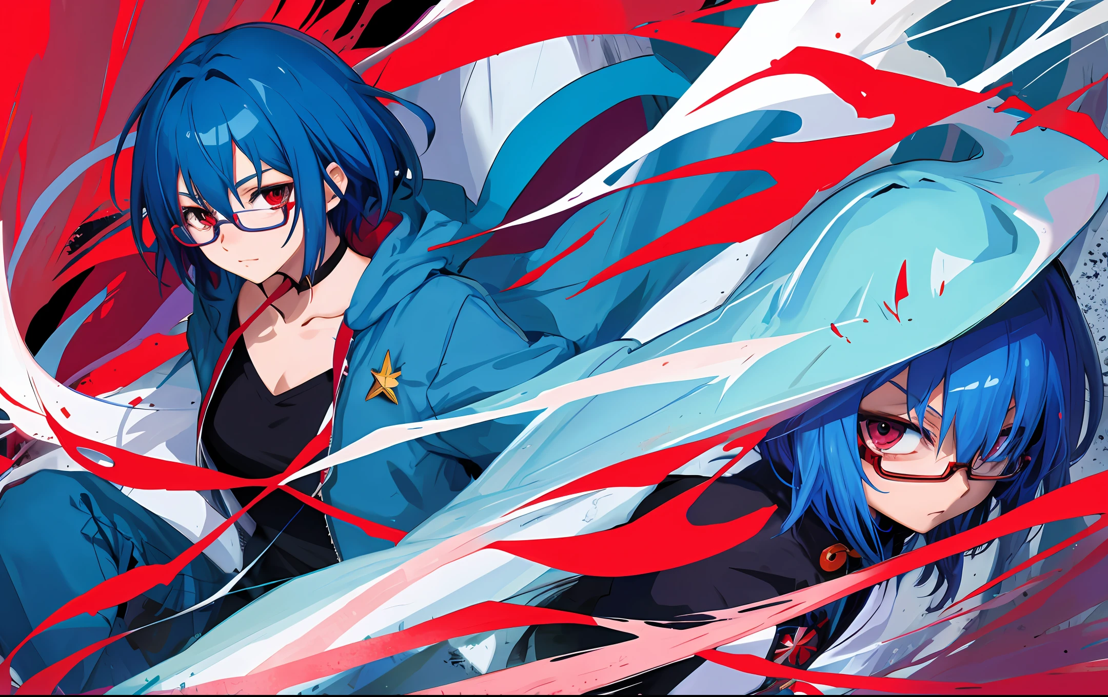 Medium Short blue hair Wearing glasses Red eyes Freckles Cute girl Wizard High quality anime characters